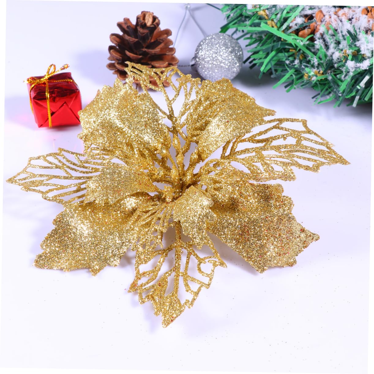 Abaodam 36 Piezas De Flores De Pascua con Purpurina Huecas Artificiales para Decorar El Árbol De Navidad Fáciles De Hacer.