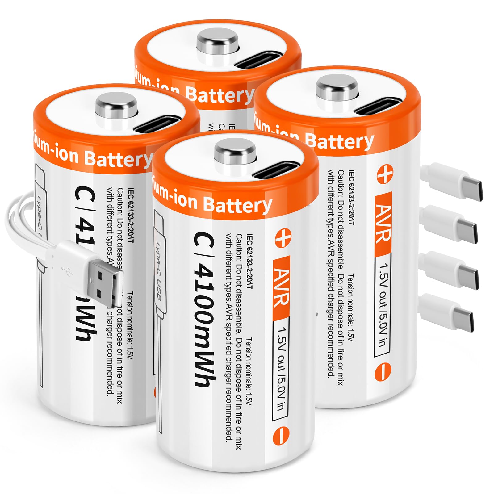 TEMIBATT Rechargeable C Batteries 1.5V 4100mWh Li-ion Battery Pack - 4 Count, High Capacity for Toys, Flashlights, Remote Controls