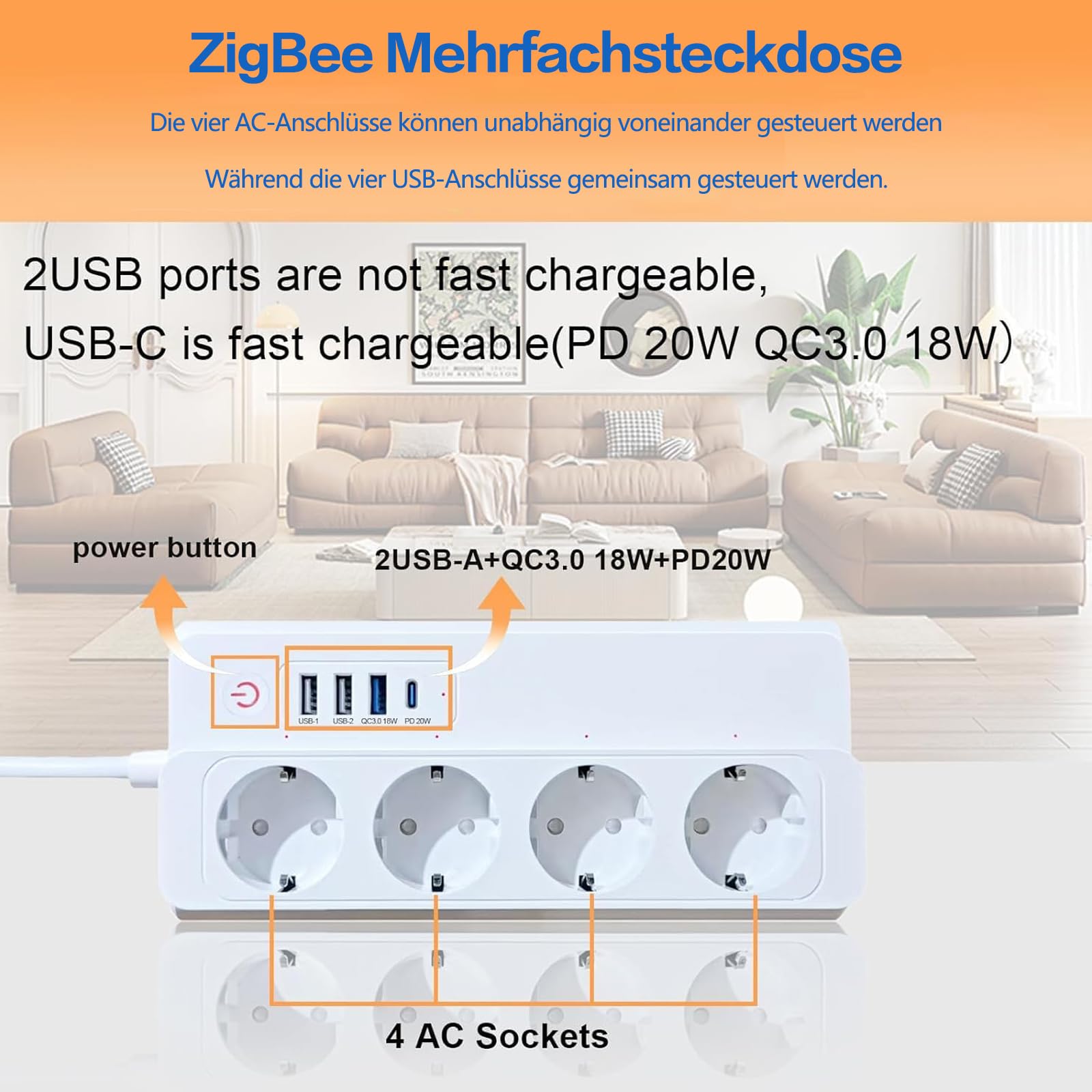 ZigBee Power Strip with Multiple USB Ports - 3A 18W + 1C 20W, Surge Protection, 16A, Compatible with Philips HUE, Alexa, Google Home - Requires ZigBee Gateway Hub