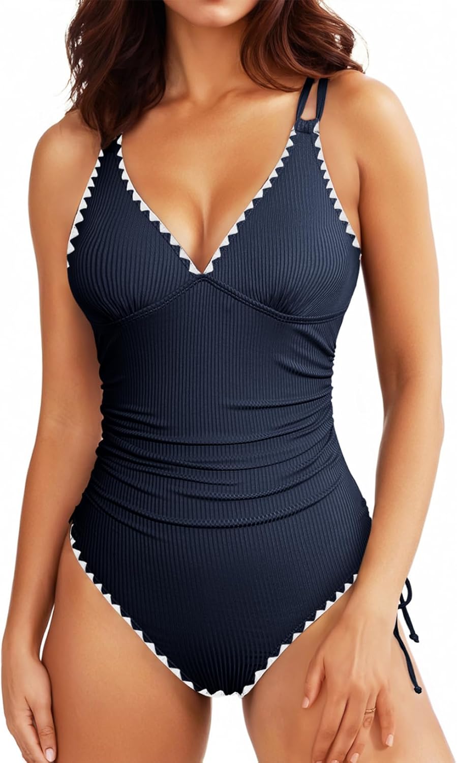 Aleumdr Sexy One Piece Swimsuit for Women Ruched Tummy Control Bathing Suit V Neck Tie Side Swimwear (Available in Plus) Large Shell Edge Navy Blue