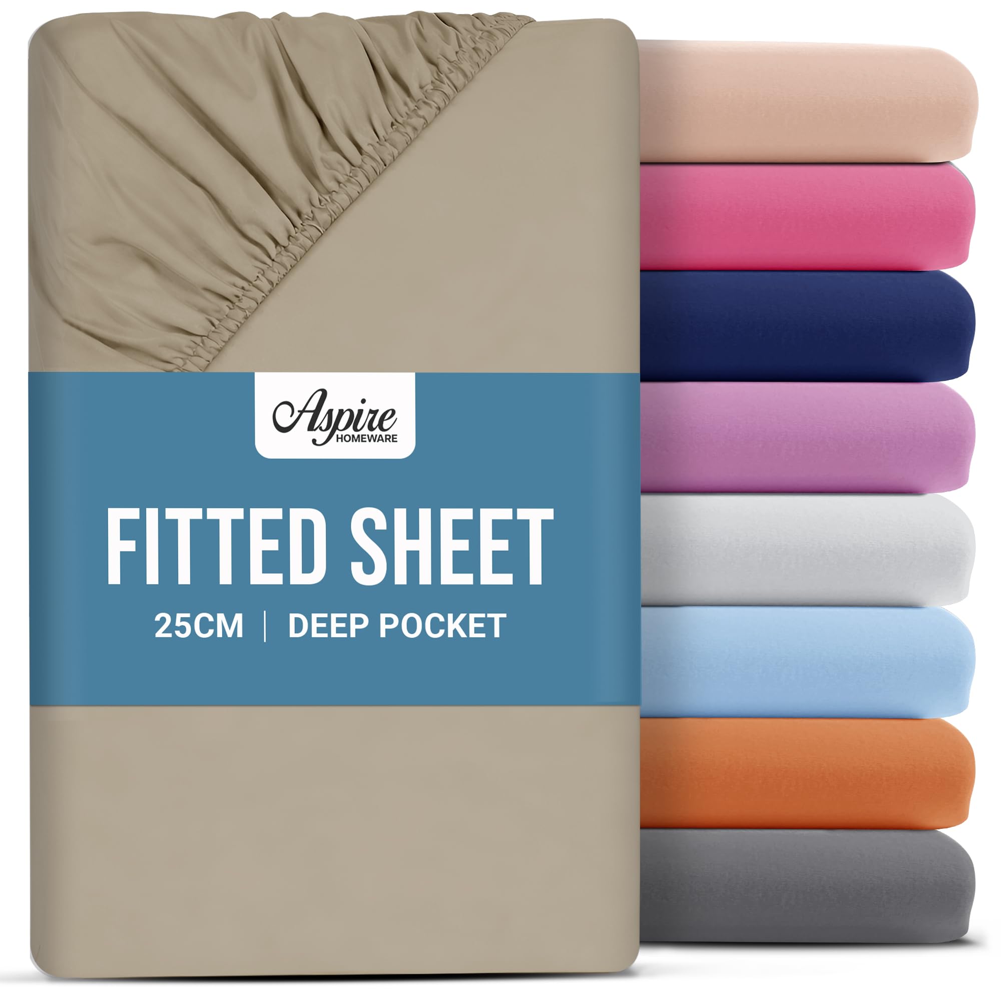 Aspire Homeware Beige Single Fitted Sheet - 25 Cm Deep Hotel Quality (Beige) Bed Sheets - Soft & Breathable Fitted Sheet Single Bed - Anti-Wrinkle Easy Care Fitted Sheets