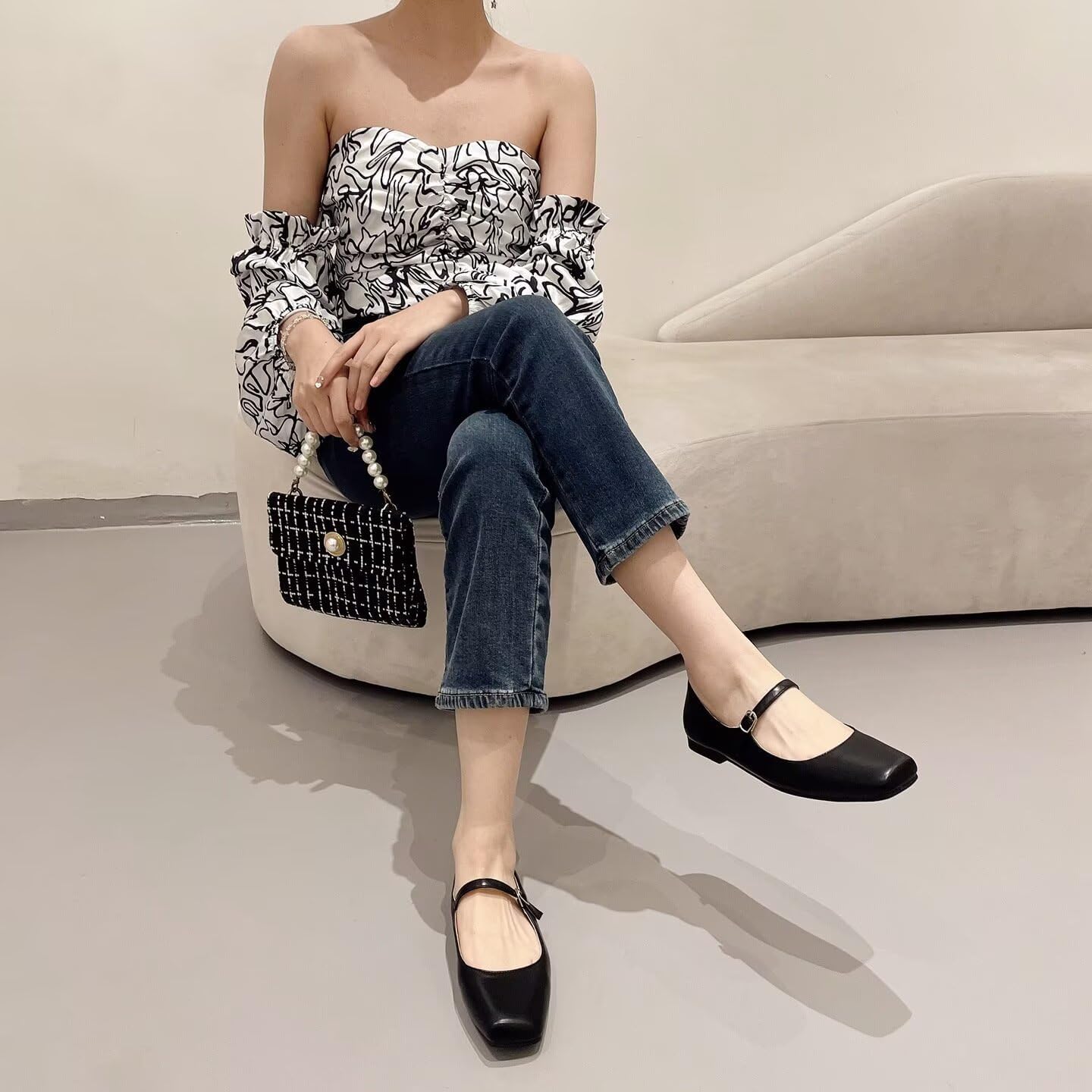 TN TANGNEST Leather Flats for Women Comfortable Square Toe Slip On Flats Soft Work Flats Retro Mary Jane Flats - Image 2