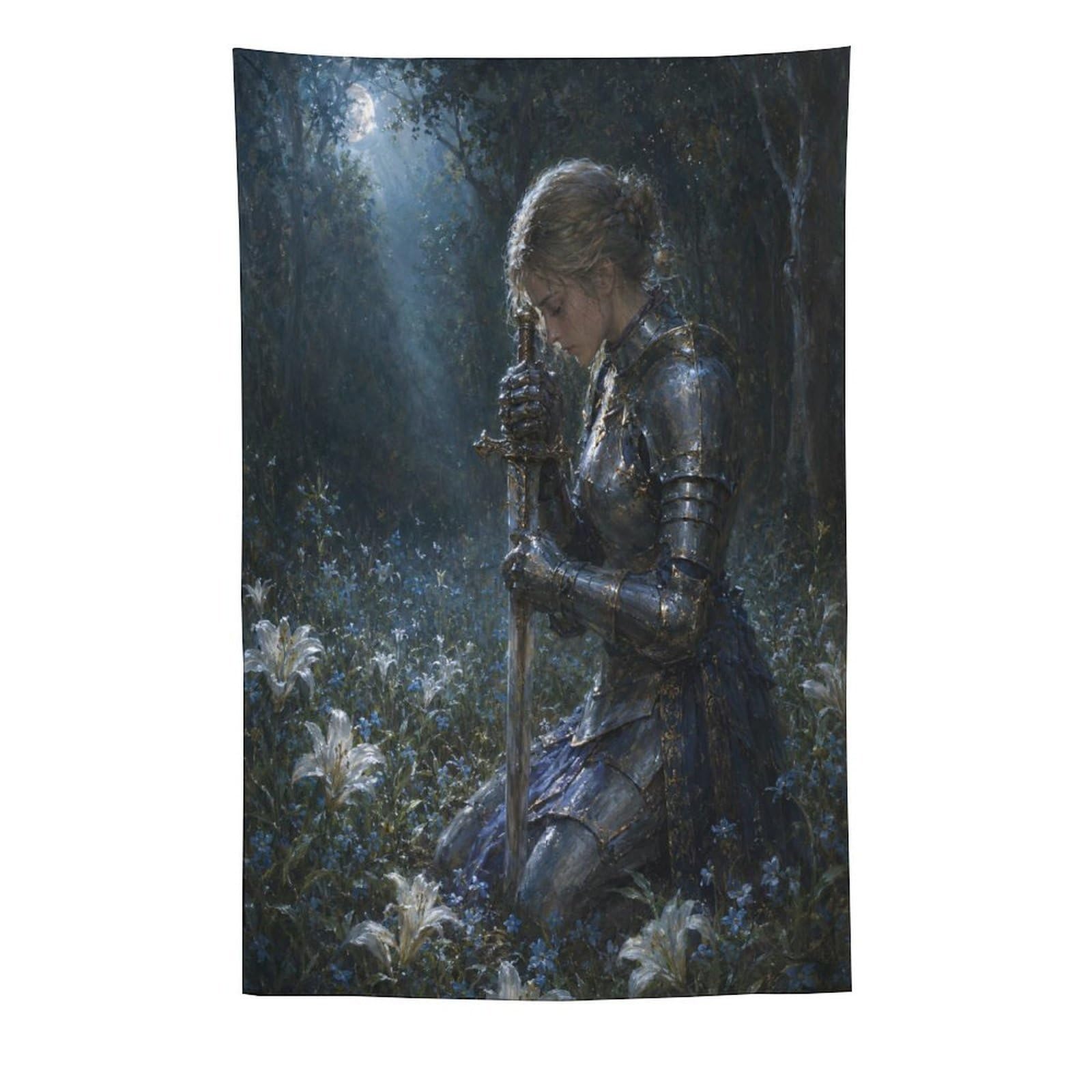 W7C8U2X3 Medieval Female Knight Moonlit Wall Tapestry, Heroic Sword