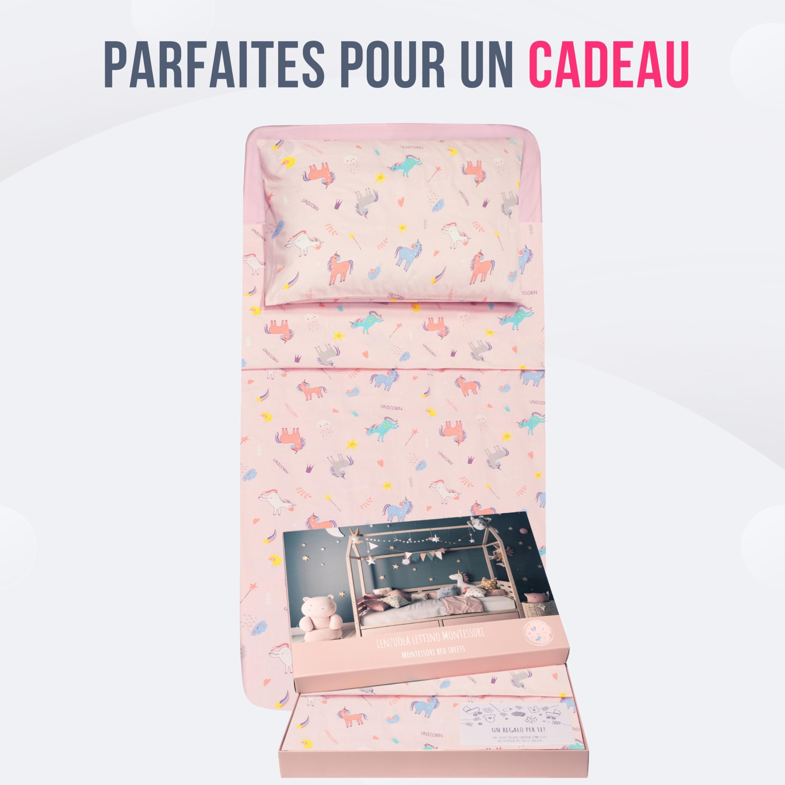 GOYSILA Parure de Lit Montessori 70x140 cm 3 Pièces 100% Coton Oeko-TEX Motif Licorne | Drap Housse Drap de Dessus Taie d'oreiller | Linge de Lit Bébé Fille Respirant Douceur Chambre Enfant Rose