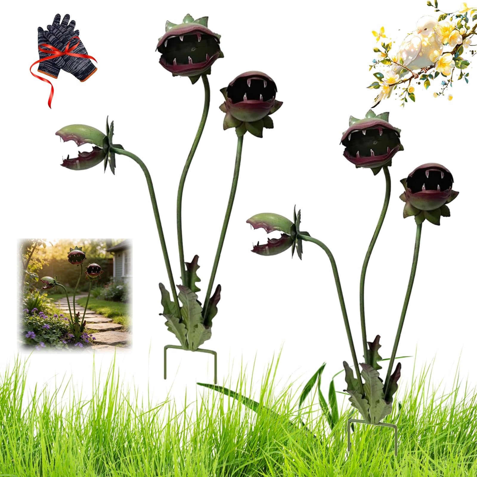 Whimsical Metal Carnivorous Plant Garden Stake, 25-Inch Large Venus Flytrap Monster Plant Sculpture, Durable Yard Art for Flower Beds, Patios & Planters, Unique Metal Art Ornament for Gift (2cps)