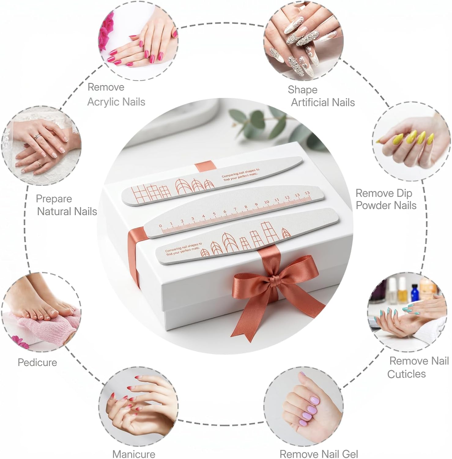 Professional Nail File and Buffer Set, 3PCS Double Sided 180/240 Grit Nail Files with Nail Shape Guide & Measurement Scale, Washable Emery Board for Natural & Acrylic Nails, Manicure Pedicure Tool