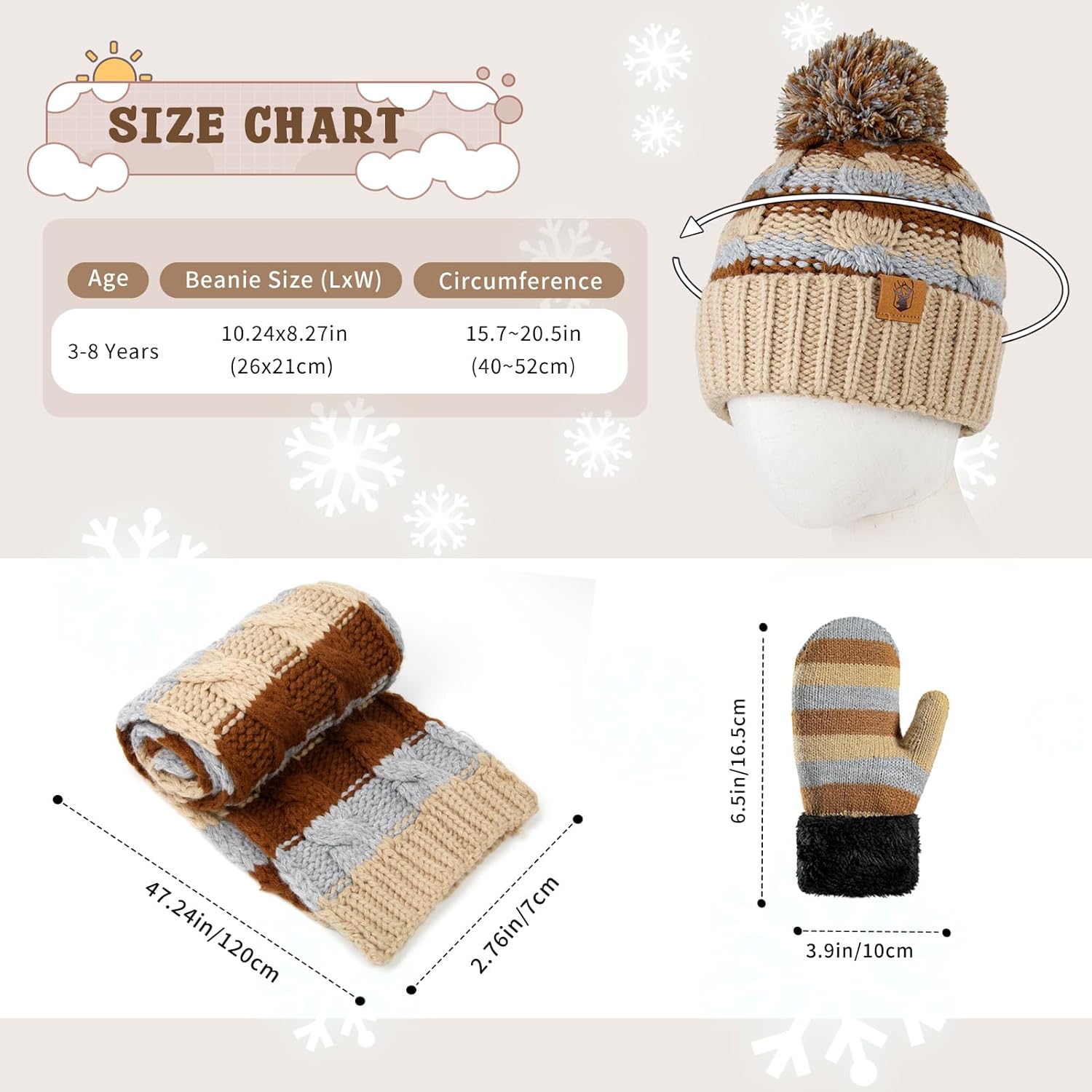 Kids Winter Pompom Beanie Hat Scarf Gloves Set for Boys&Girls Age 3-8, Fleece Lined Skull Cap Neck Warmer Mitten Set - Image 2