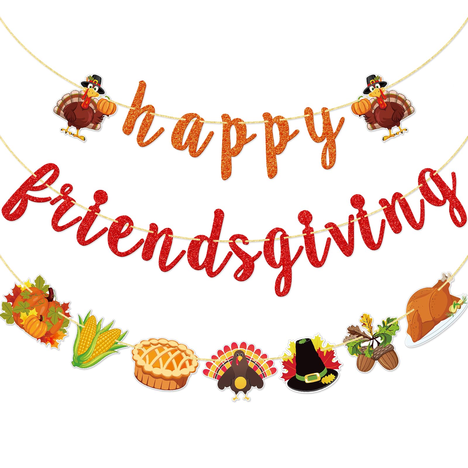 FOZEE Happy Friendsgiving Banner, Thanksgiving Friends Party Banner, Friendsgiving Turkey Decorations for Thanksgiving party, Fall Harvest Party, Orange and Brown Glitter