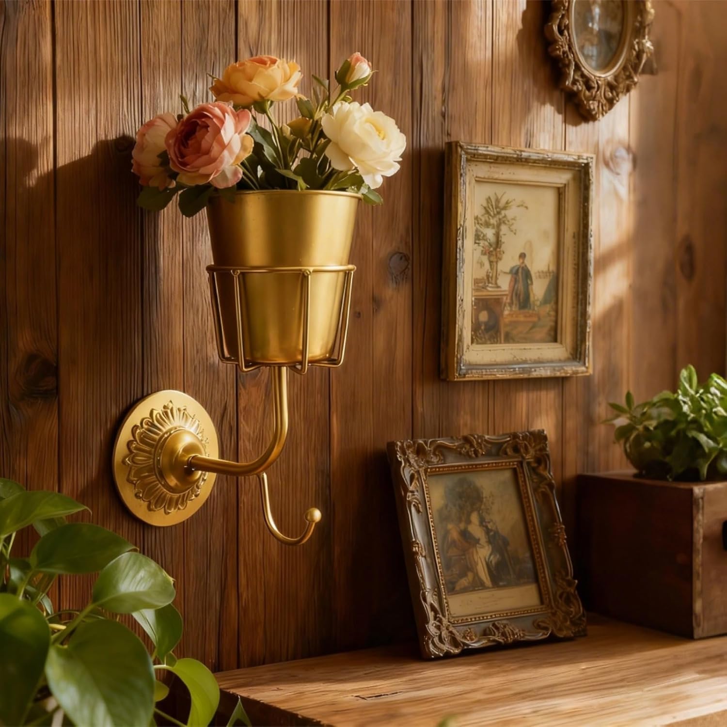 2 Pcs Wall , Vintage Brass Finish, 8.7 In Hanging Organizer With Hooks, Space-Saving Wall-Mounted Containers, Multi-Purpose Kitchen And Bathroom Room Decoration