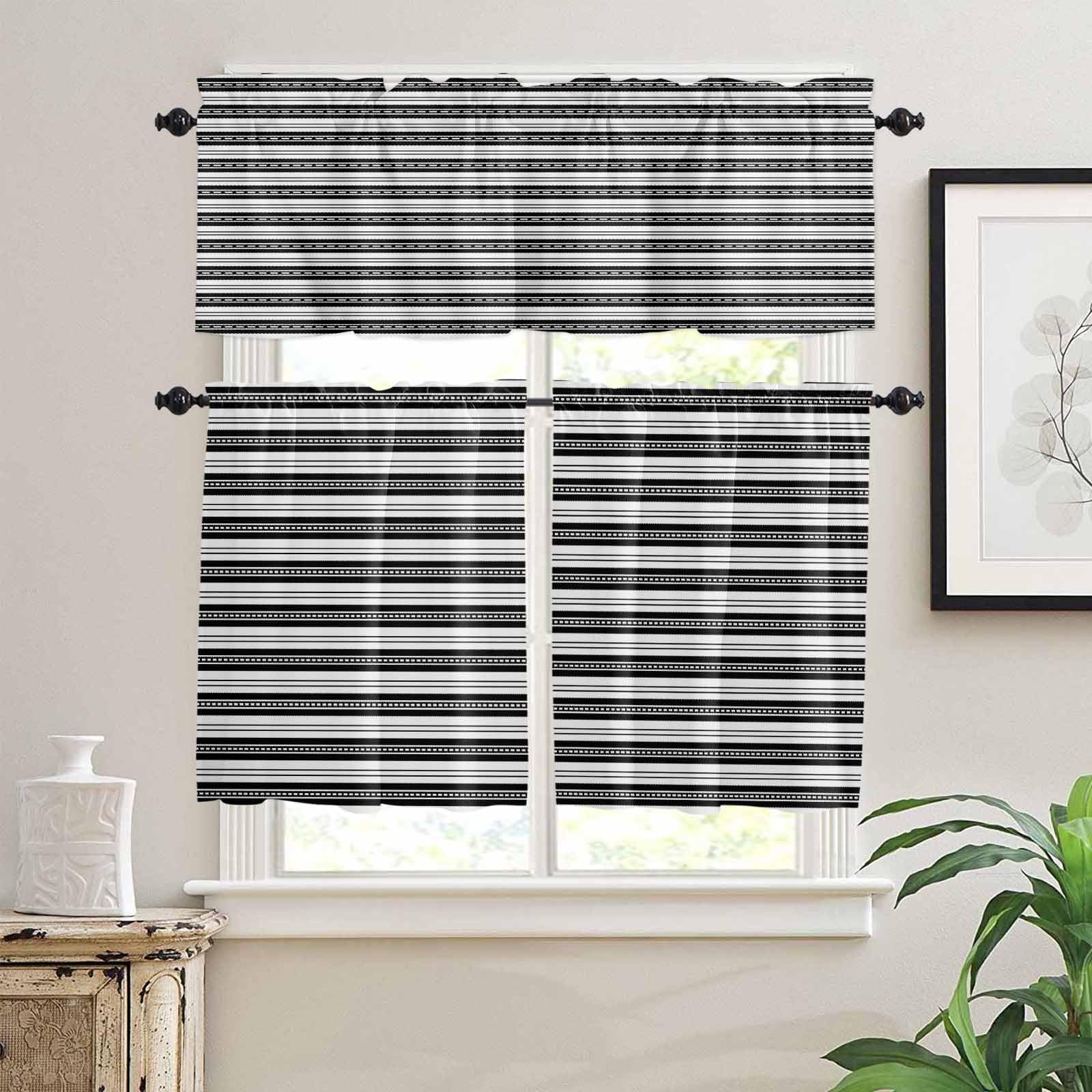 Boho Black Stripe Kitchen Curtains 24 Inch Length,3 Piece Rod Pocket Small Half Tiers and Valance Set,Abstract Geometric White Minimalist Small Large Window Treatment Decor for Bedroom/Bathroom Sink