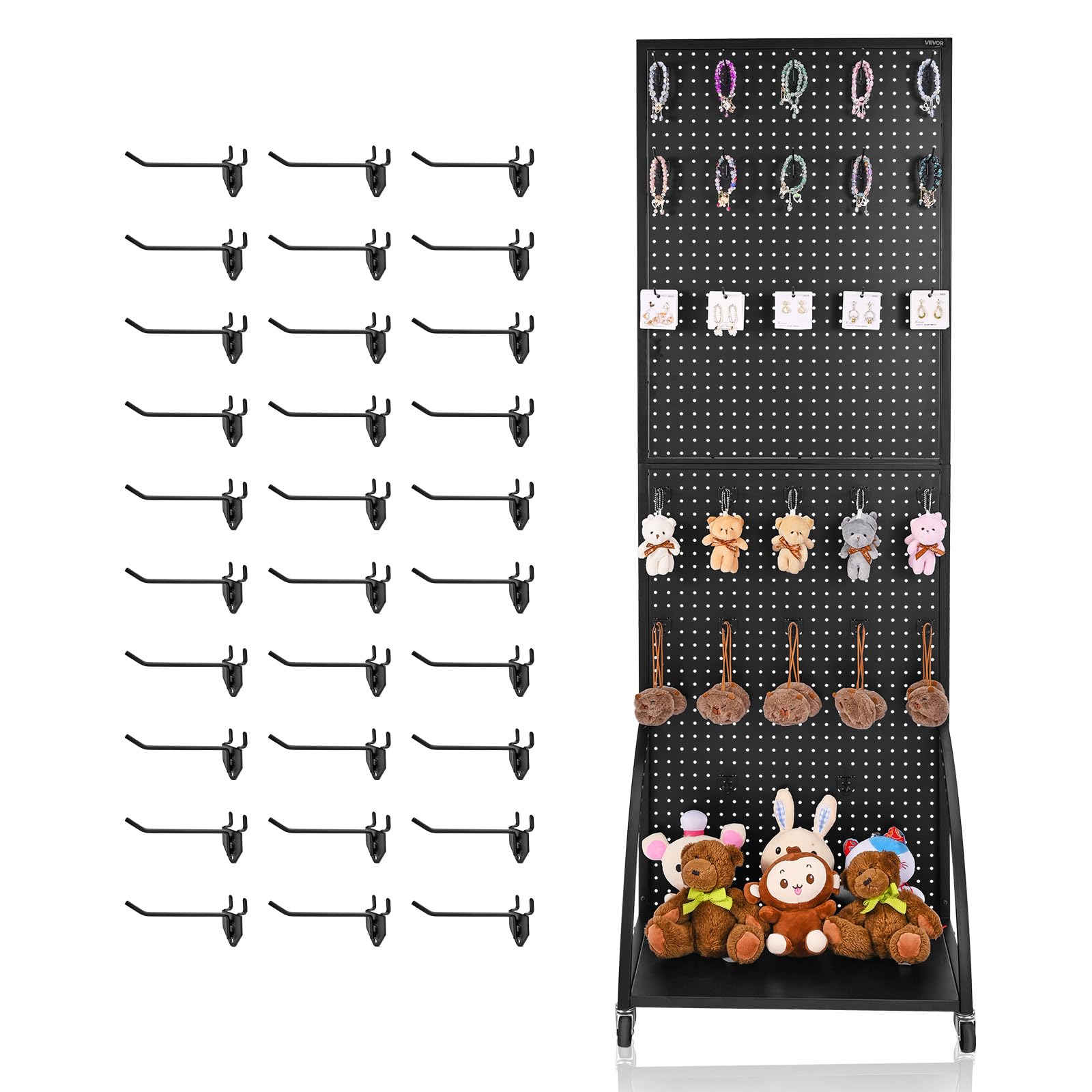 VEVOR Standing Pegboard Display with Base Plate, 23.7 x 66 in Pegboard Display Stand with Casters and 30 Hooks, Thickened Cold-Rolled Steel Peg Board