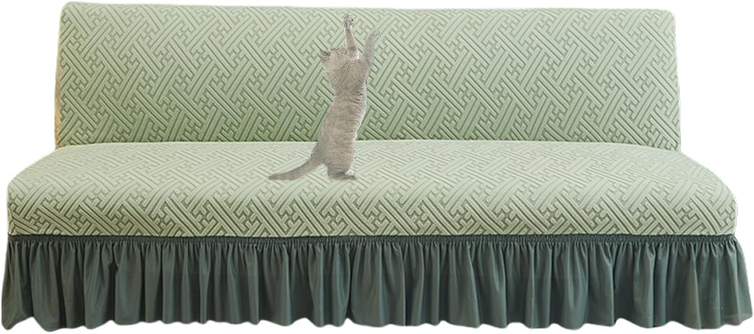 Armless Sofa Cover with Skirt Ruffled Scratch-Resistant Futon Covers Full Size Sofa Bed Slipcovers for Living Room Bedroom Green Large