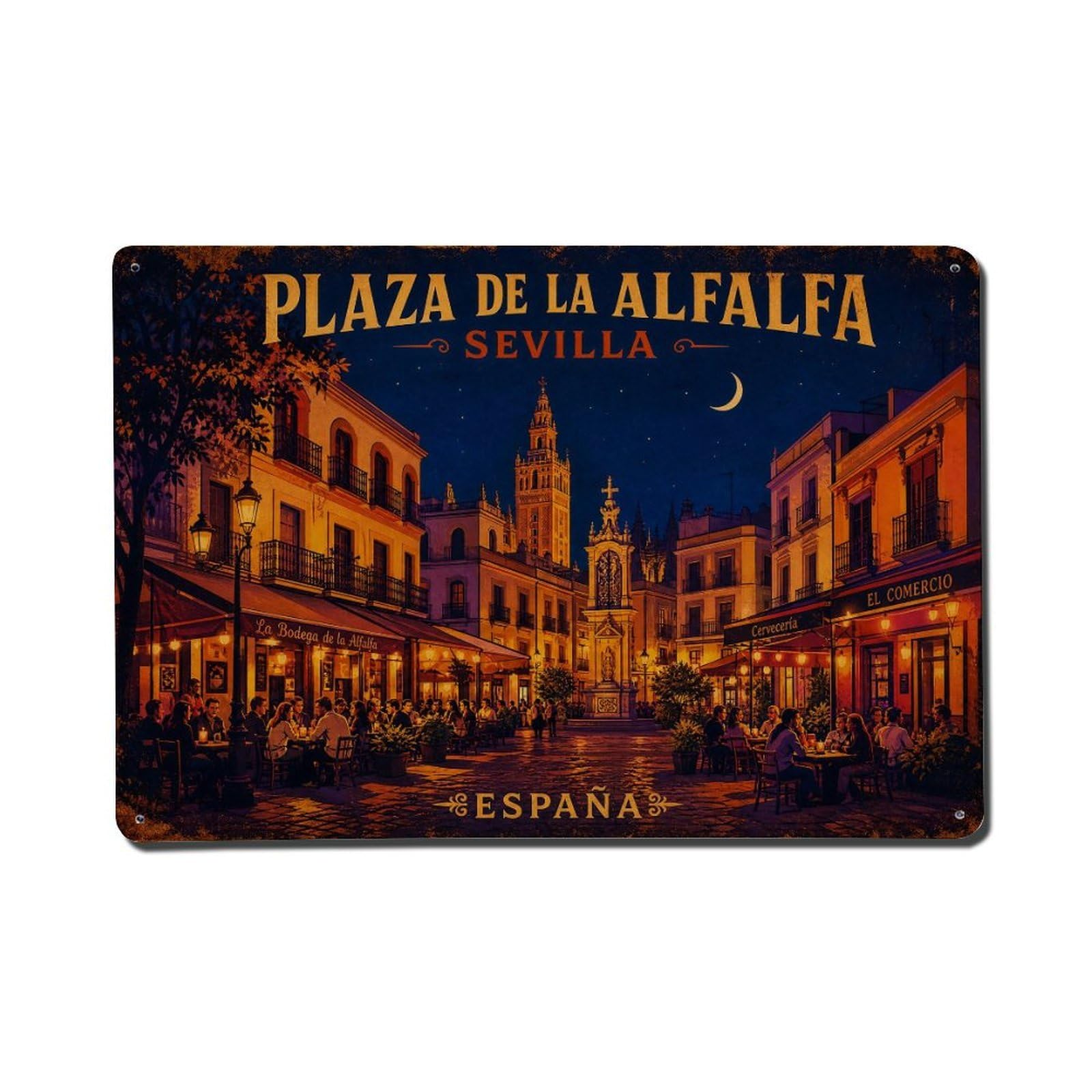 Vintage Travel Plaza Alfalfa Night Lights Seville Evening Metal Tin Sign