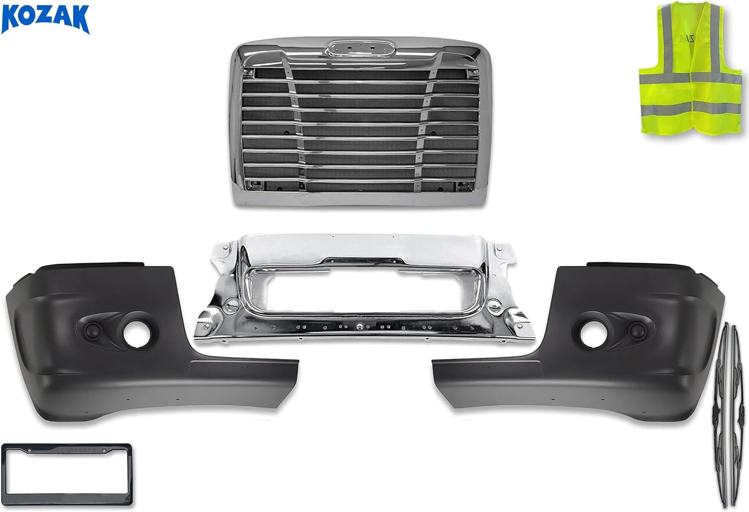 KOZAK Front Bumper - Center Chrome & End Corners Plastic w/one Fog Light Holes & Chrome Grille Set Compatible with Century 2005-2011 Includes Logo, Wipers, License Plate Holder, Vest