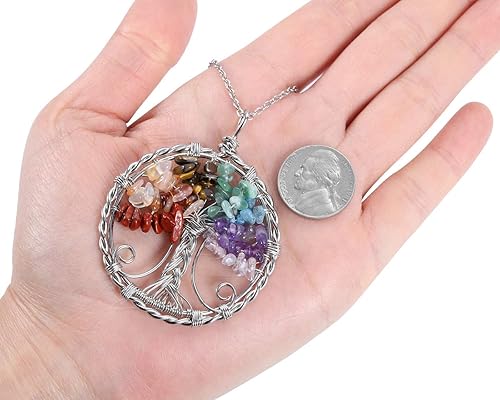 Miniatura 5 de Collar con colgante de piedras preciosas de árbol de la vida de PESOENTH con 7 chakras, piedra natural, cuarzo arco iris, plata, collar envuelto en