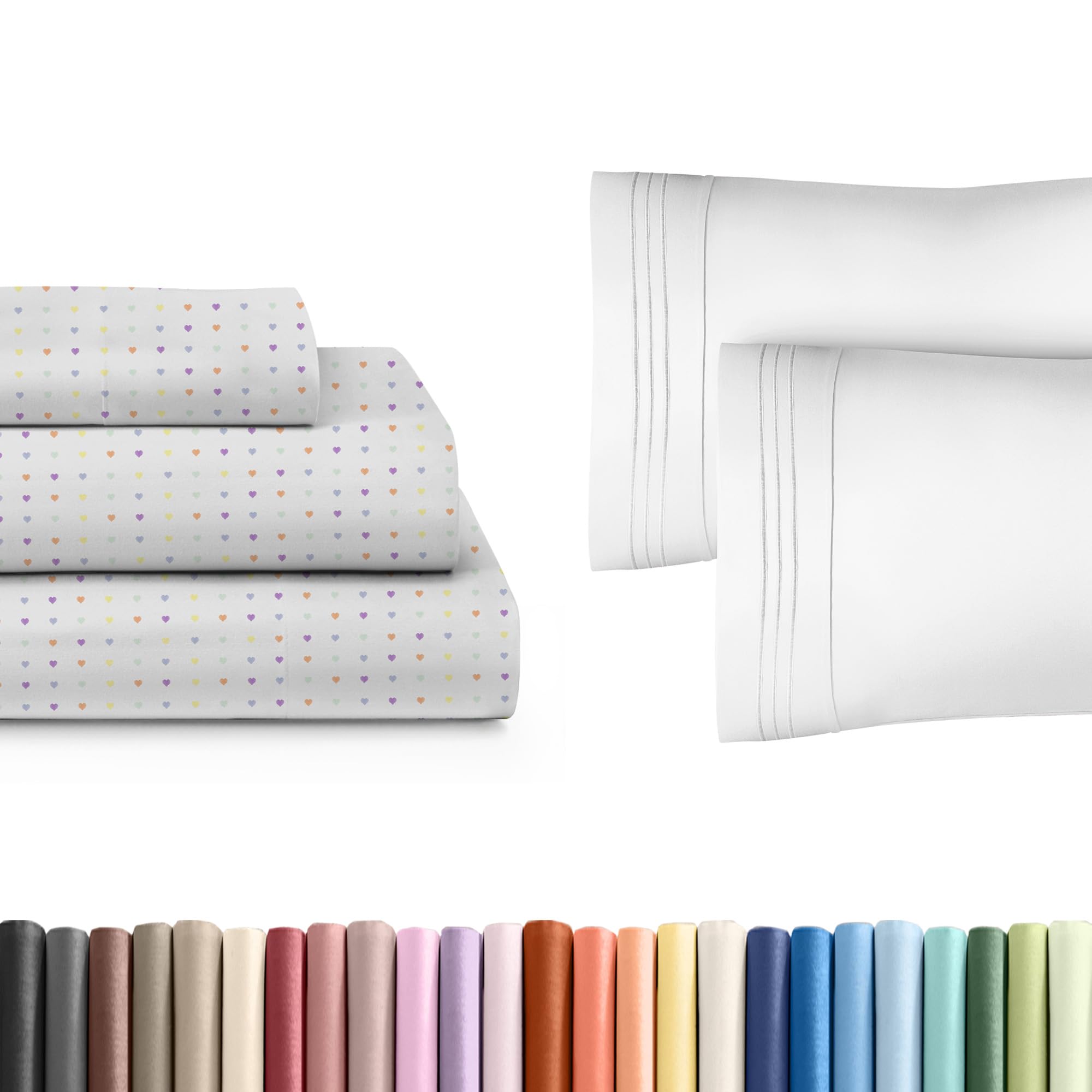 kids hearts multi color twin 3 piece sheet set + 2 extra pillowcases bundle - boys, girls, teens, toddler - easy fit deep pocket - hotel quality bedding sheets - machine washable - soft & wrinkle free