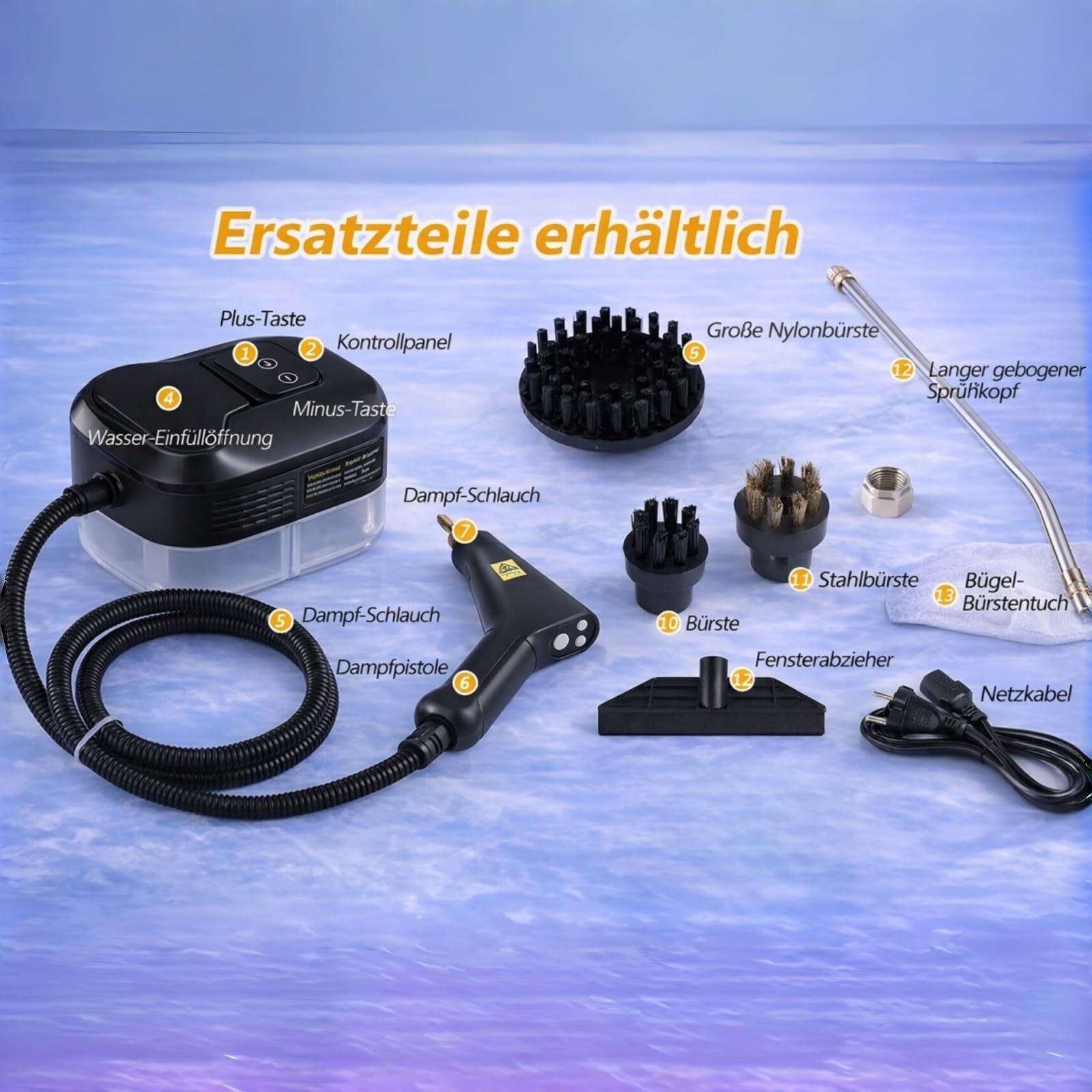 2500W Hand-Dampfreiniger mit 15s Schnellaufheizung & 6 Stufen, tragbarer Hochdruck-Dampfreiniger für Böden & Küche, Multi-Oberflächen-Dampfgerät (black)