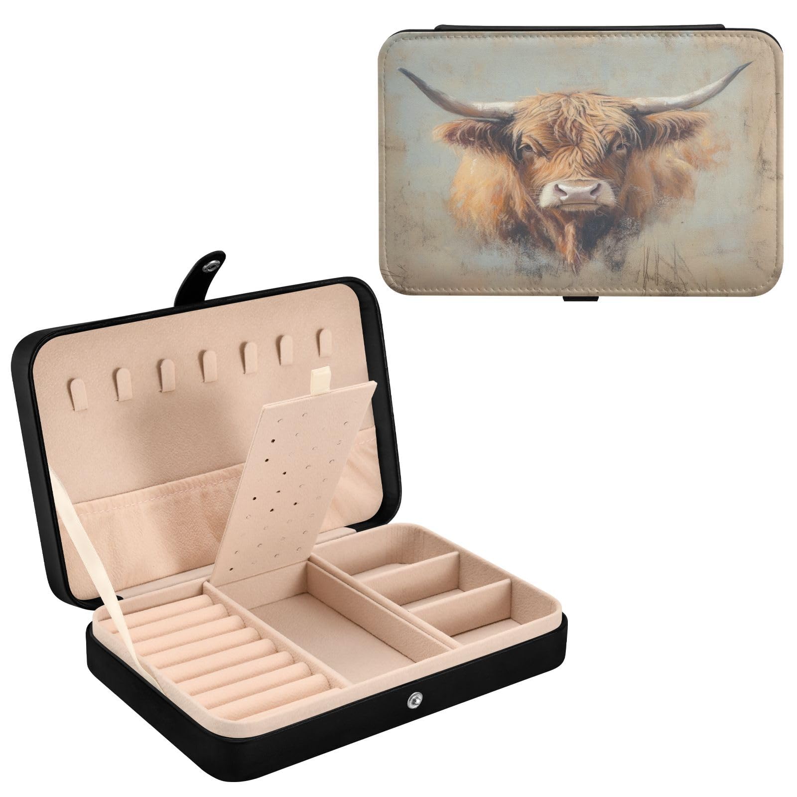 Haskirky Highland Cow Jewelry Box Portable PU Leather Travel Jewelry Organize for Women Jewelry Storage Display Holder for Ring, Necklace, Earring