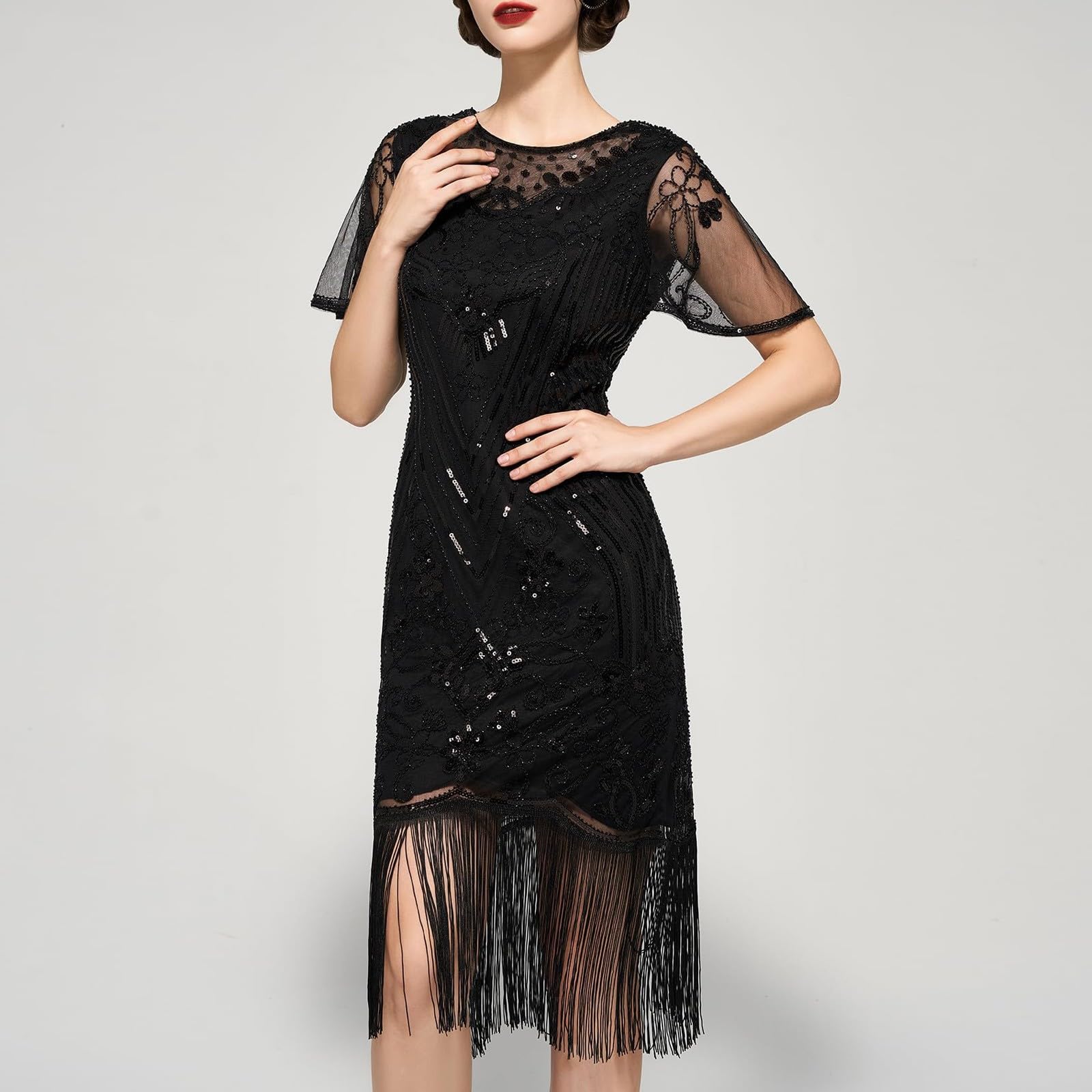 Generisch Robes années 1920 pour femme - Robe à franges et paillettes - Élégante robe de cocktail vintage - Robe en maille surdimensionnée pour fête Gatsby