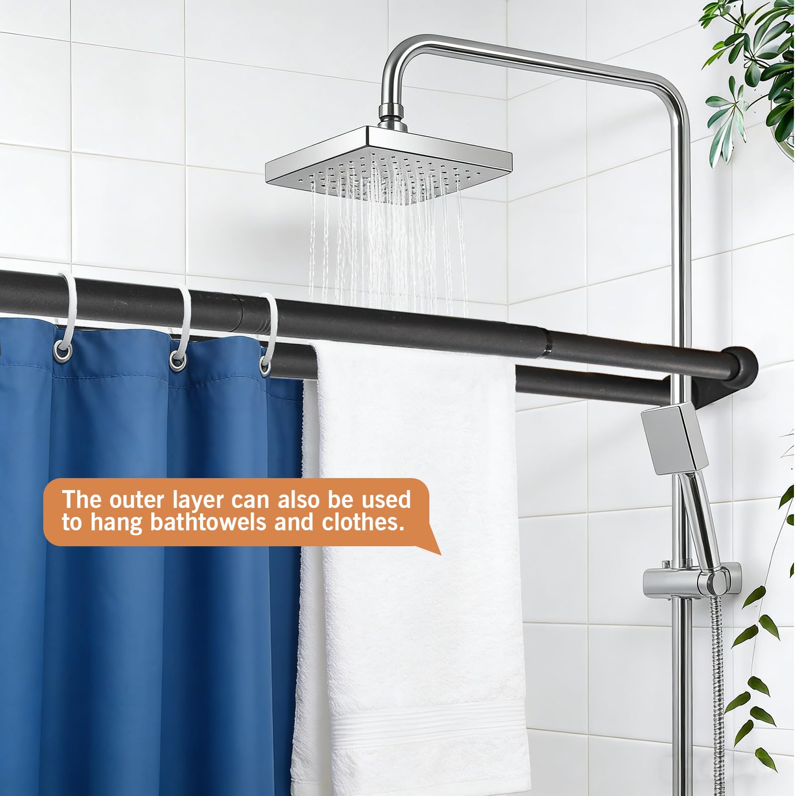 Tringle de douche double murale réglable 68 à 228 cm, noire antirouille pour séparation zone sèche/humide, installation simple pour salle de bain