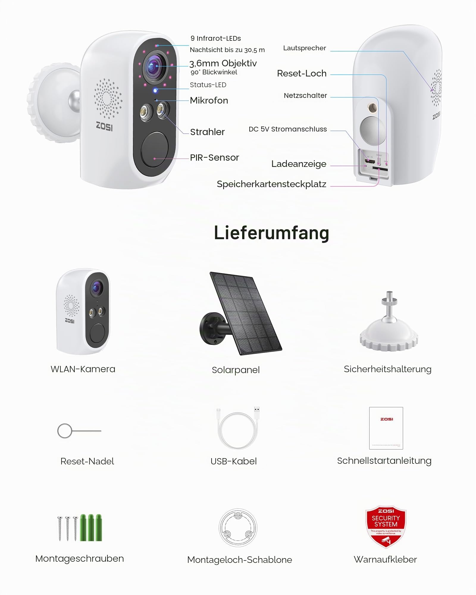 ZOSI Akku Überwachungskamera mit Solarpanel 3MP Kabellos IP Kamera Aussen