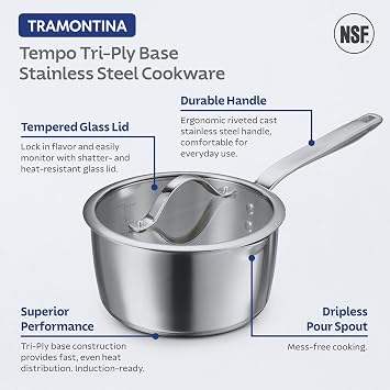 Tramontina Tempo Tri-Ply Base Stainless Steel 10-Piece Cookware Set with Glass Lids, Pots and Pans Kitchen Set, Induction-Ready, Oven-Safe, Dishwasher-Safe