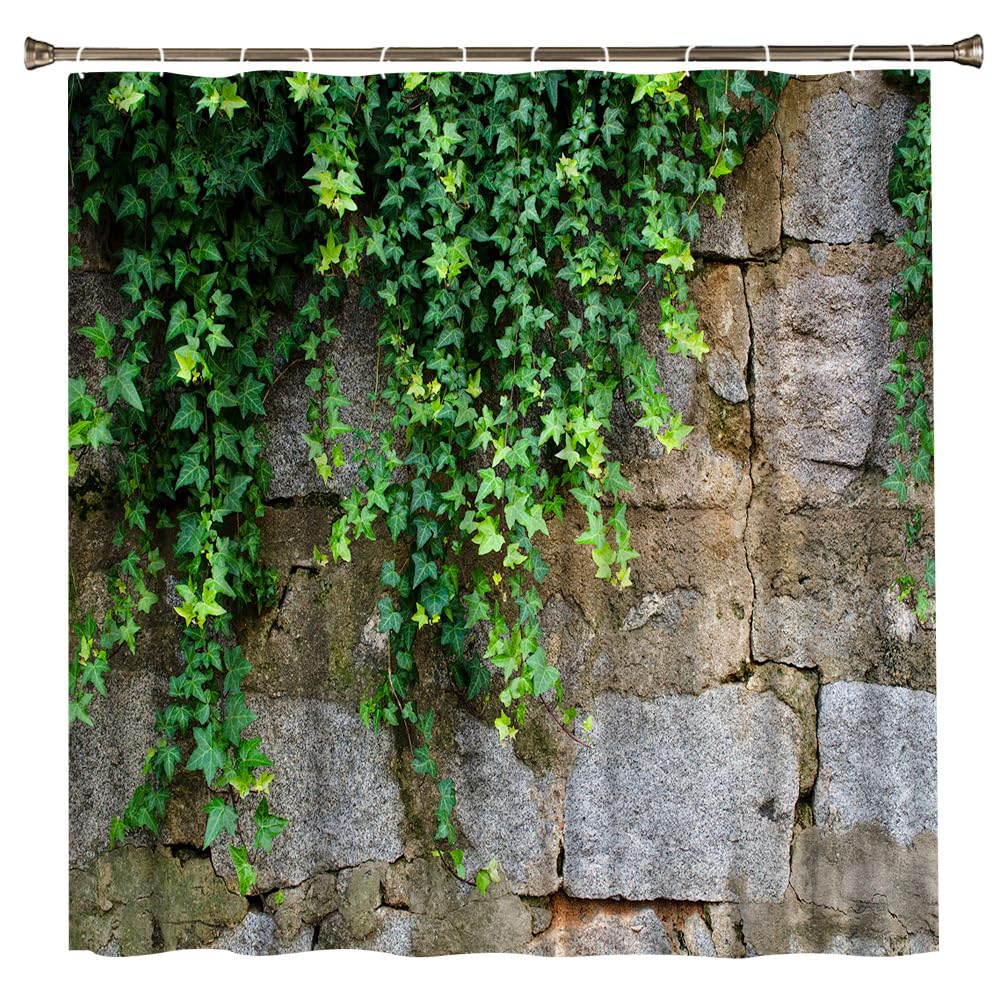 QWRSMYX Green Leaves Shower Curtain Stone Brick Wall Leaf Floral Spring Nature Plant Scenery Rustic Marble Rocks Stone Wall Garden Bathtub Curtains