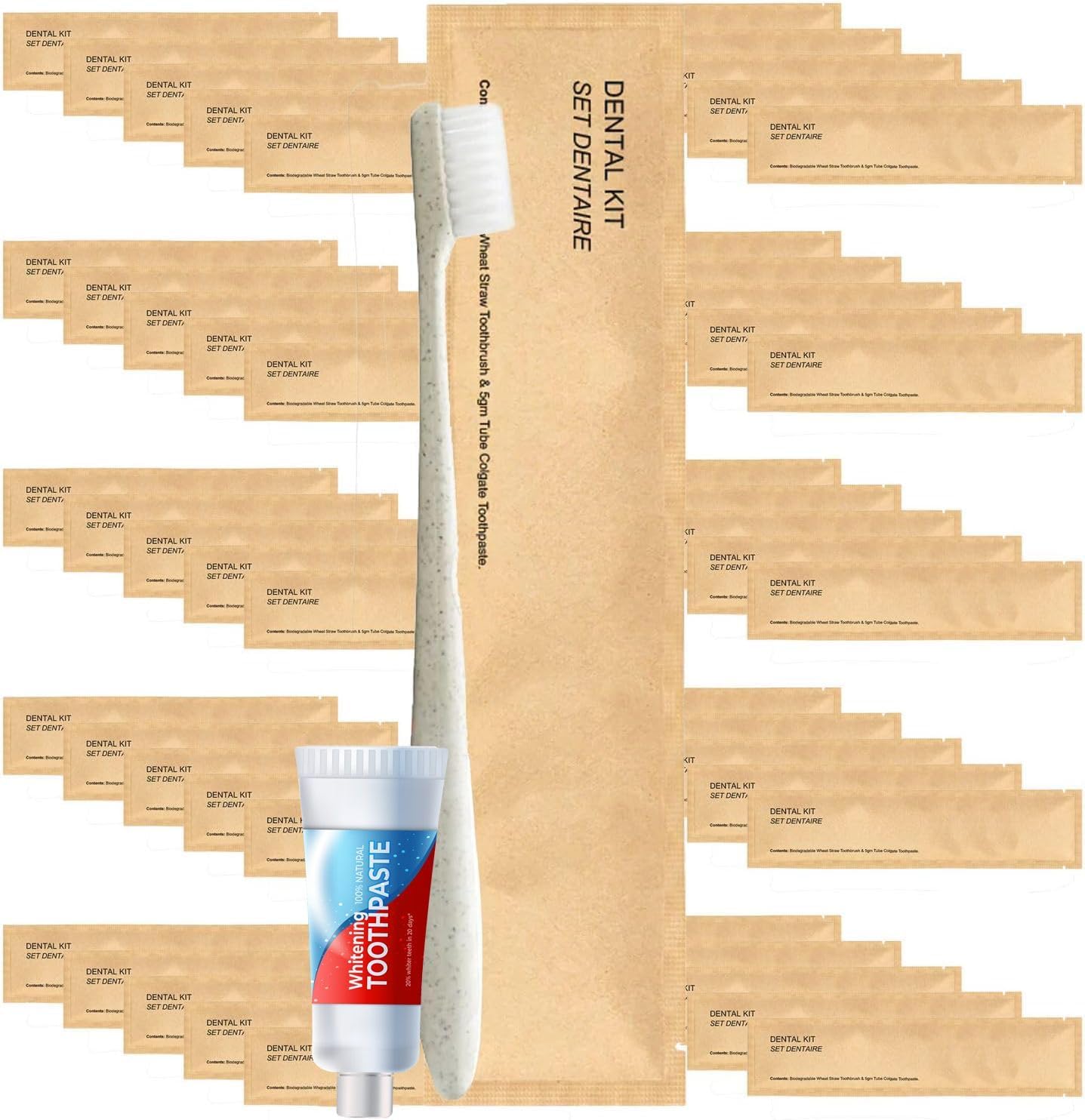 World Amenities Kraft Paper Dental Kit - Wheat Straw Toothbrush and Toothpaste Dental Care Kit (50)