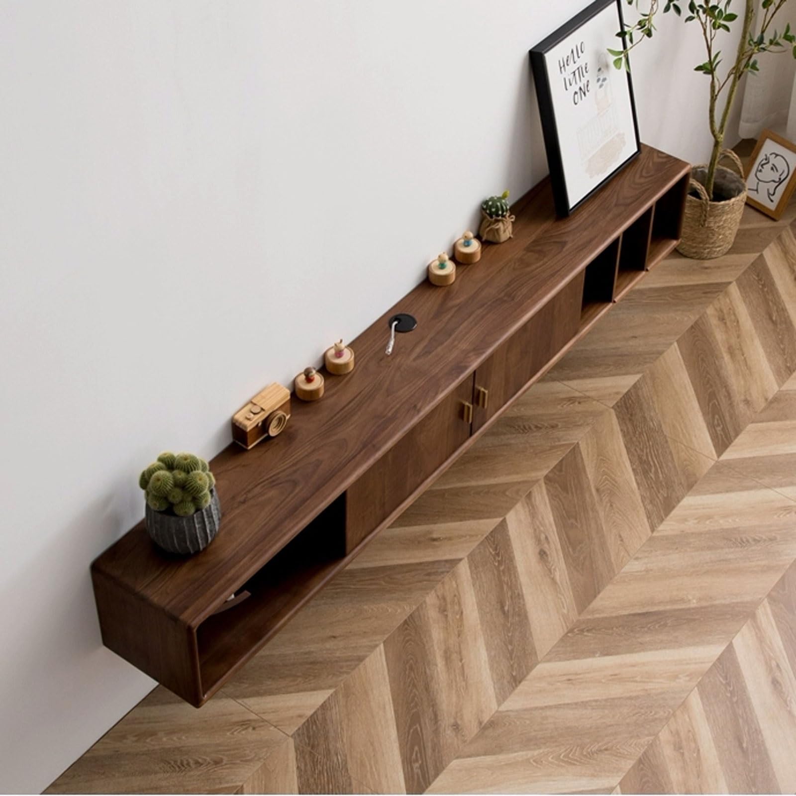 Mueble TV Mueble de TV flotante de madera de nogal montado en la pared con puertas y estantes de almacenamiento abiertos Mesa de consola de TV Muebles de entretenimiento for colgar Mueble para televis