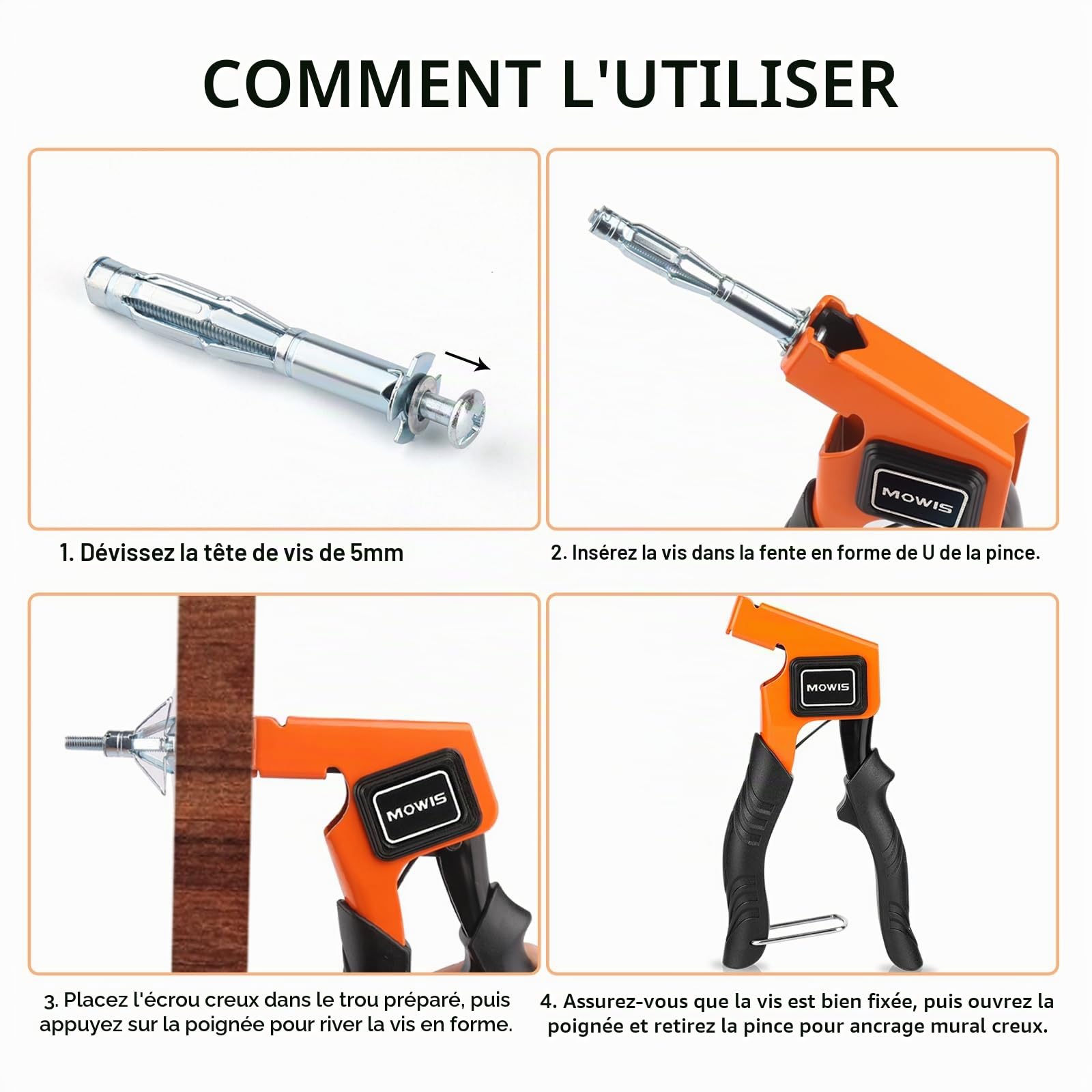 MOWIS Kit Cheville Molly Pince Métalliques à Expansion Trousse d'outils de réglage en métal d'ancrage mural creux avec 30 Cheville Molly, Pince Professionnel Convient à M3/M4/M5/M6/M8