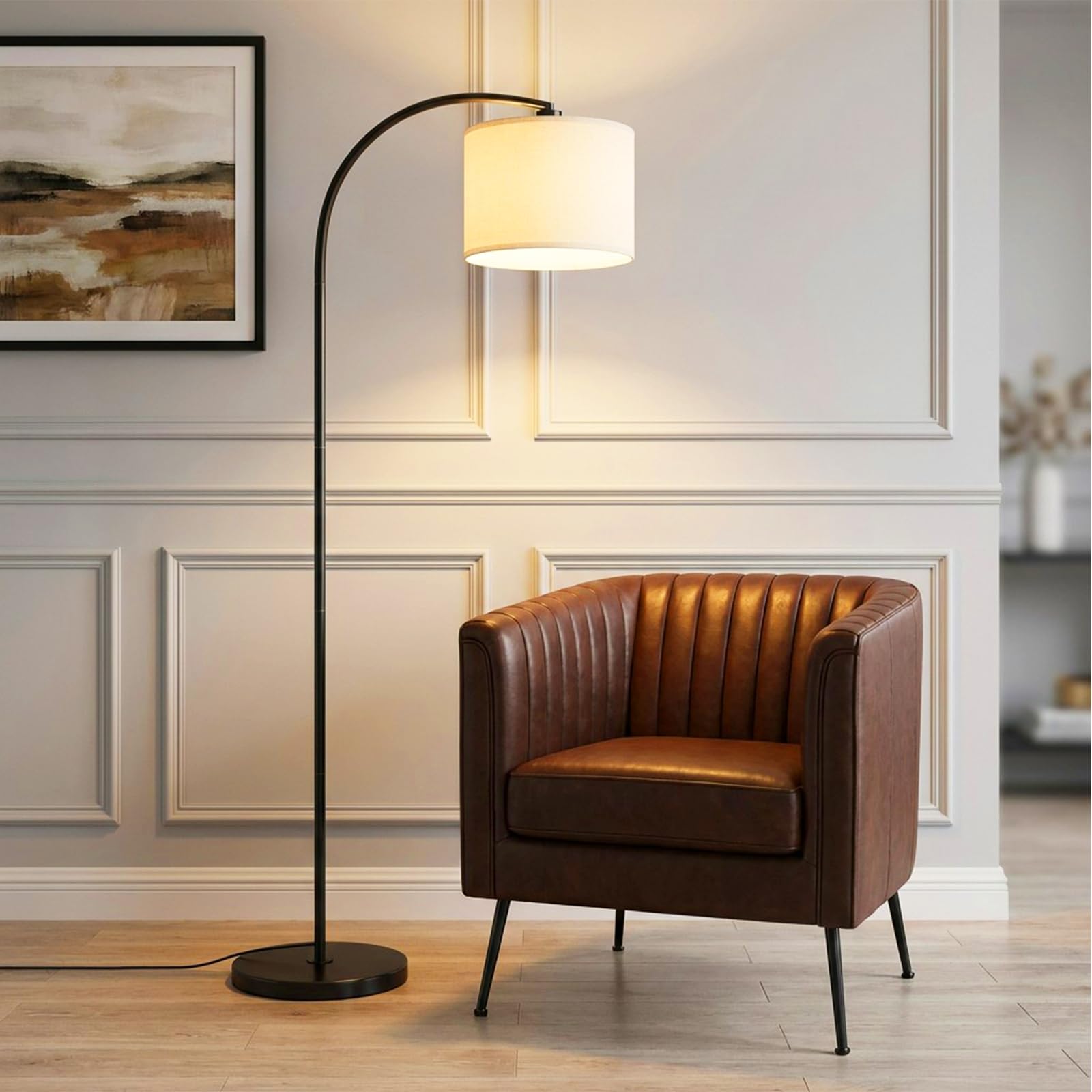 Stehlampe Wohnzimmer, 161cm Bogenlampe, 270°Drehbarer Lampenkopf mit Verstellem Beigen Leinen-Lampenschirm & Fußschalter, Leselampe Stehleuchte für Wohnzimmer, mit 12W Dreifarben (Schwarz)