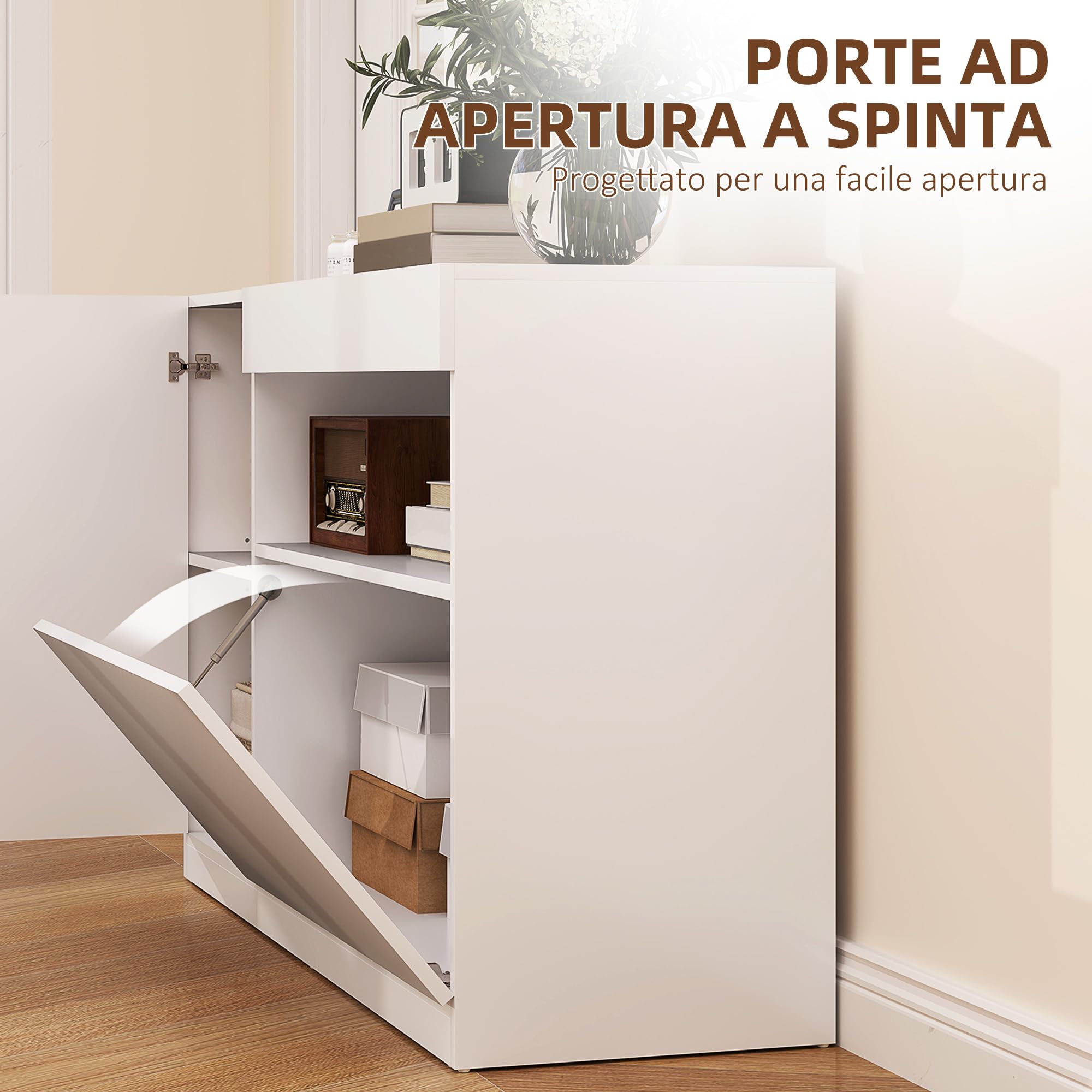 HOMCOM Credenza Cucina Bassa con Ante Ammortizzate, Mobile Buffet con 2 Armadietti, Scaffale Aperto, 2 Fori Passacavi, Ripiano Regolabile e Sistema Antiribaltamento, Bianco