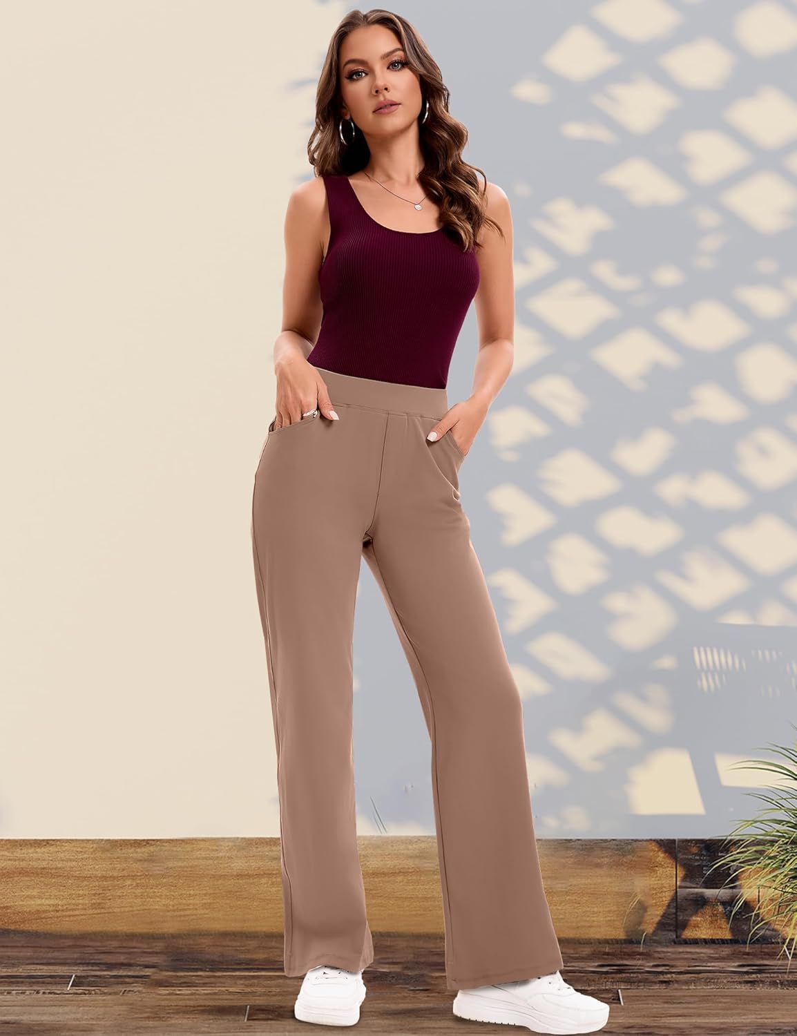 VOOVEEYA Wide Leg Pants for Women, Yoga Pants with Pockets High Waist Casual Straight Dress Pants Petite/Tall/Regular (Petite Khaki L) - Image 5