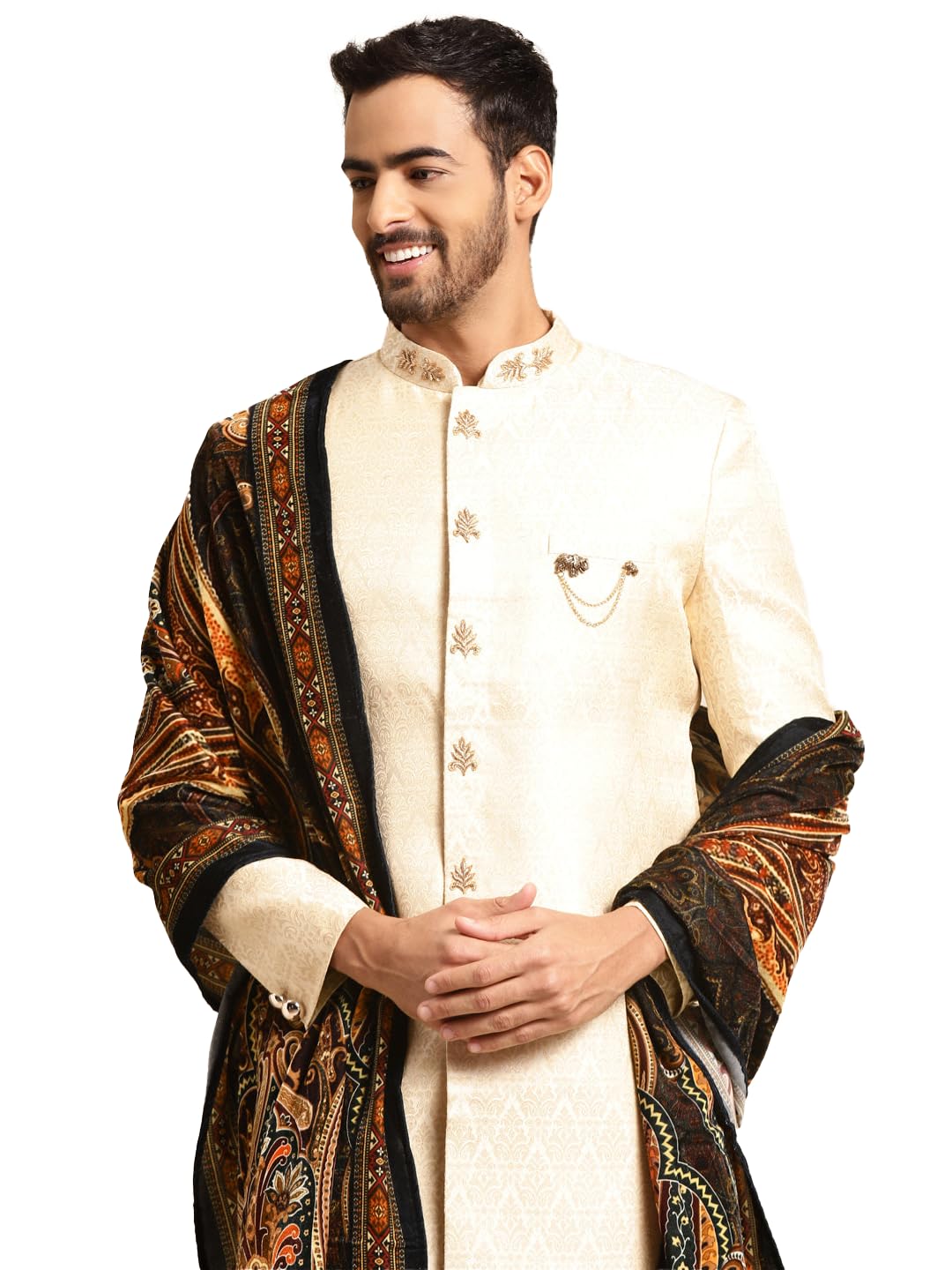 Kisah Sherwani Set With Dupatta For Men  Textured Silk Blend Jacquard Sherwani, Churidar & Dupatta | Traditional Indian Outfit For Weddings, Receptions & Festivals, White, 42