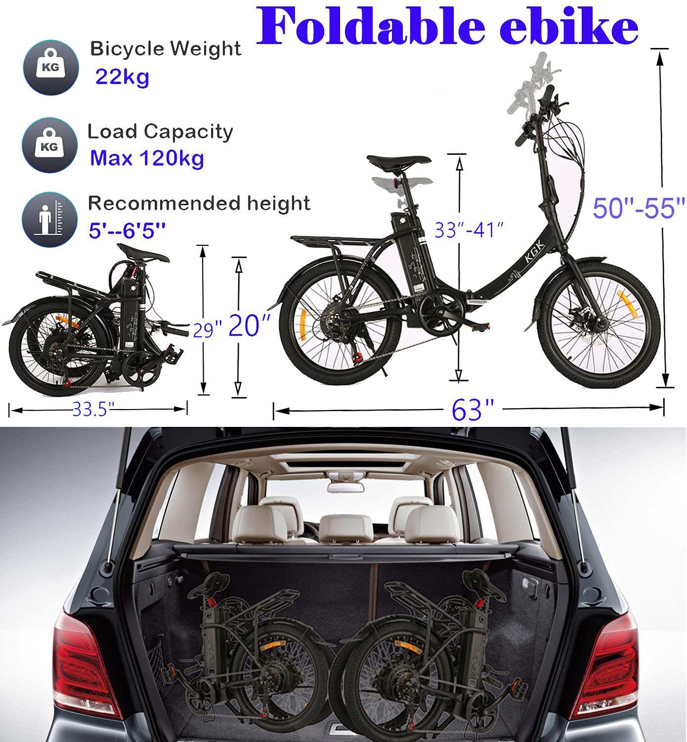 KGK Adult Folding Electric Bike for Adult Teens, 20'' Electric Townie