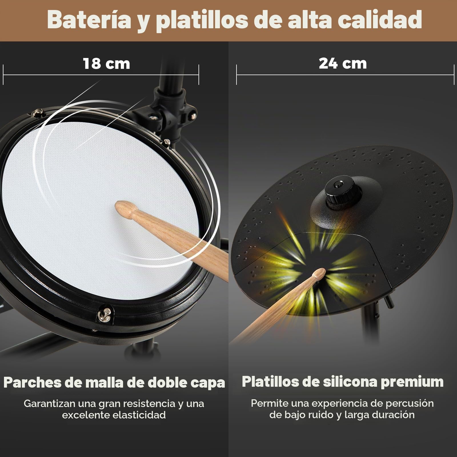 FANTASK Batería electrónica, Juegos de batería E-Drum Plegables con Pads de Malla, 150 Sonidos y 10 Demos, metrónomo y USB Midi, 2 Pedales y 2 Baquetas, Juego de batería electrónico de 7 Piezas para