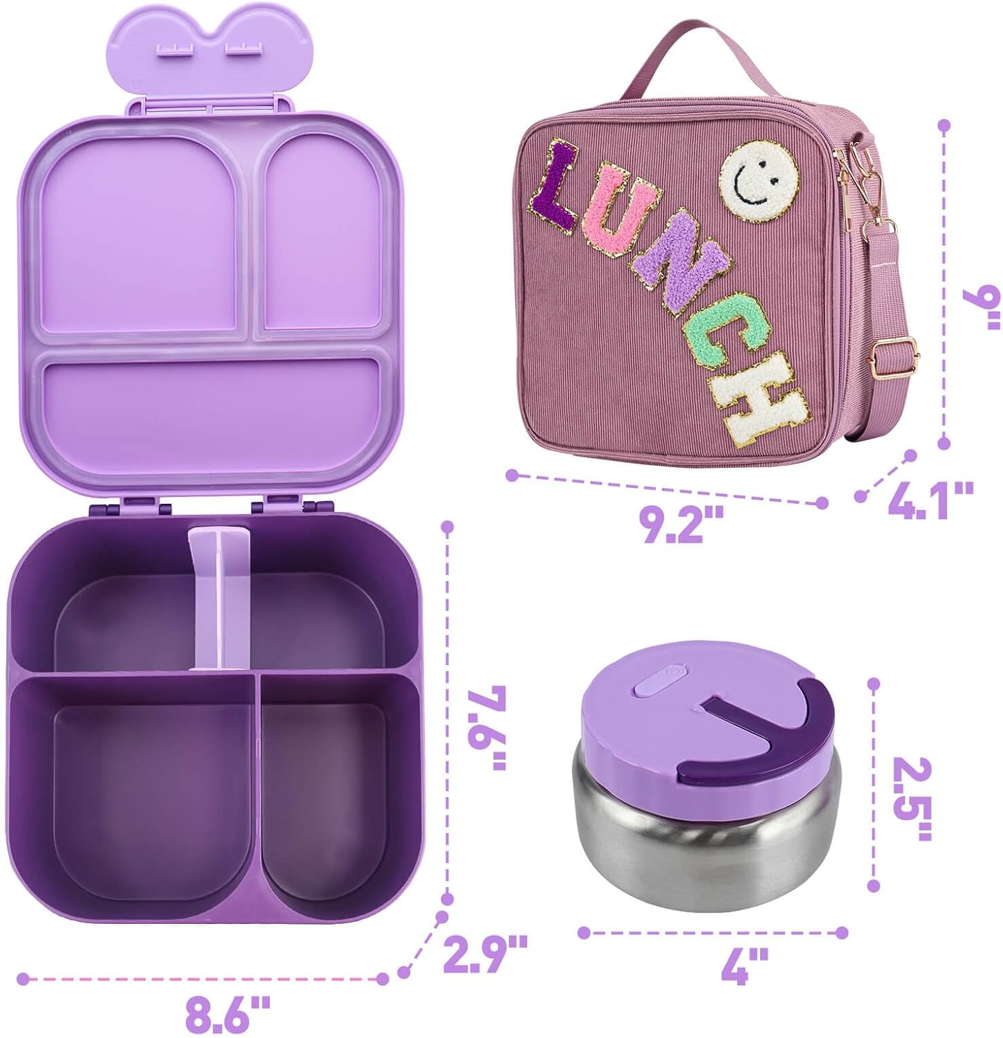 Lunch Box with Bento Box with 4 Compartment, with Leak Proof Thermo Food Jar, Preppy Corduroy Insulated Lunch Bag for Womens Girl Kids Teens School Travel Picnic (Purple)