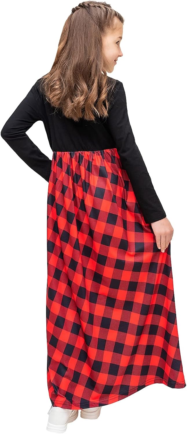KYMIDY Girls Maxi Dress Kids Buffalo Check Plaid Long Sleeve Casual Dresses with Pockets for Girls 6-14 Years - Image 3