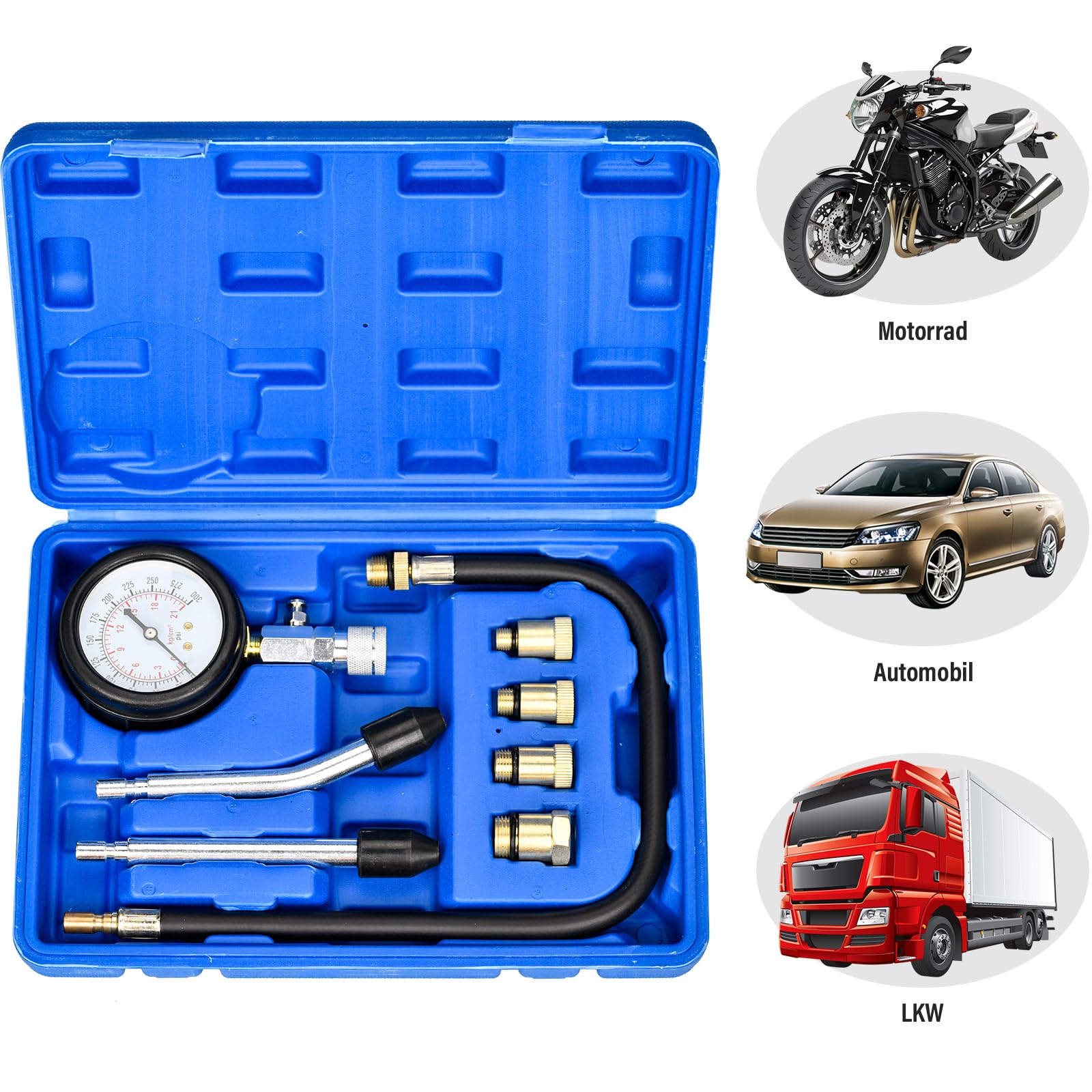 Tester di Compressione, Manometri Compressione per Motori Benzina 0-20 Bar o 0-300 PSI con 4 Adattatori M10 M12 M14 M18 per Auto e Moto (Blu)