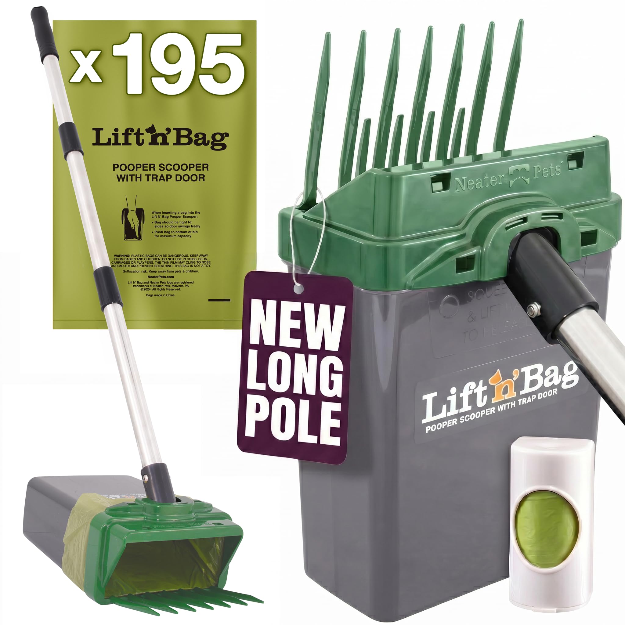 Neater Pet Brands Lift N' Bag Dog Pooper Scooper with 31" Pole, 195 Bags