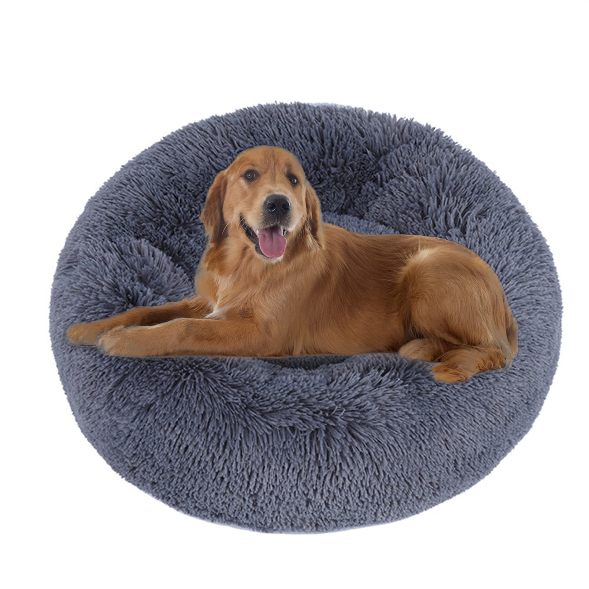 OKPOW Donut hondenbed, kalmerende anti-angst grote hondenbedden, wasbaar zacht warm pluche fleece pluizig rustgevend kat huisdierkussen, ronde orthopedische verlichting verbeterde slaap antislip bodem