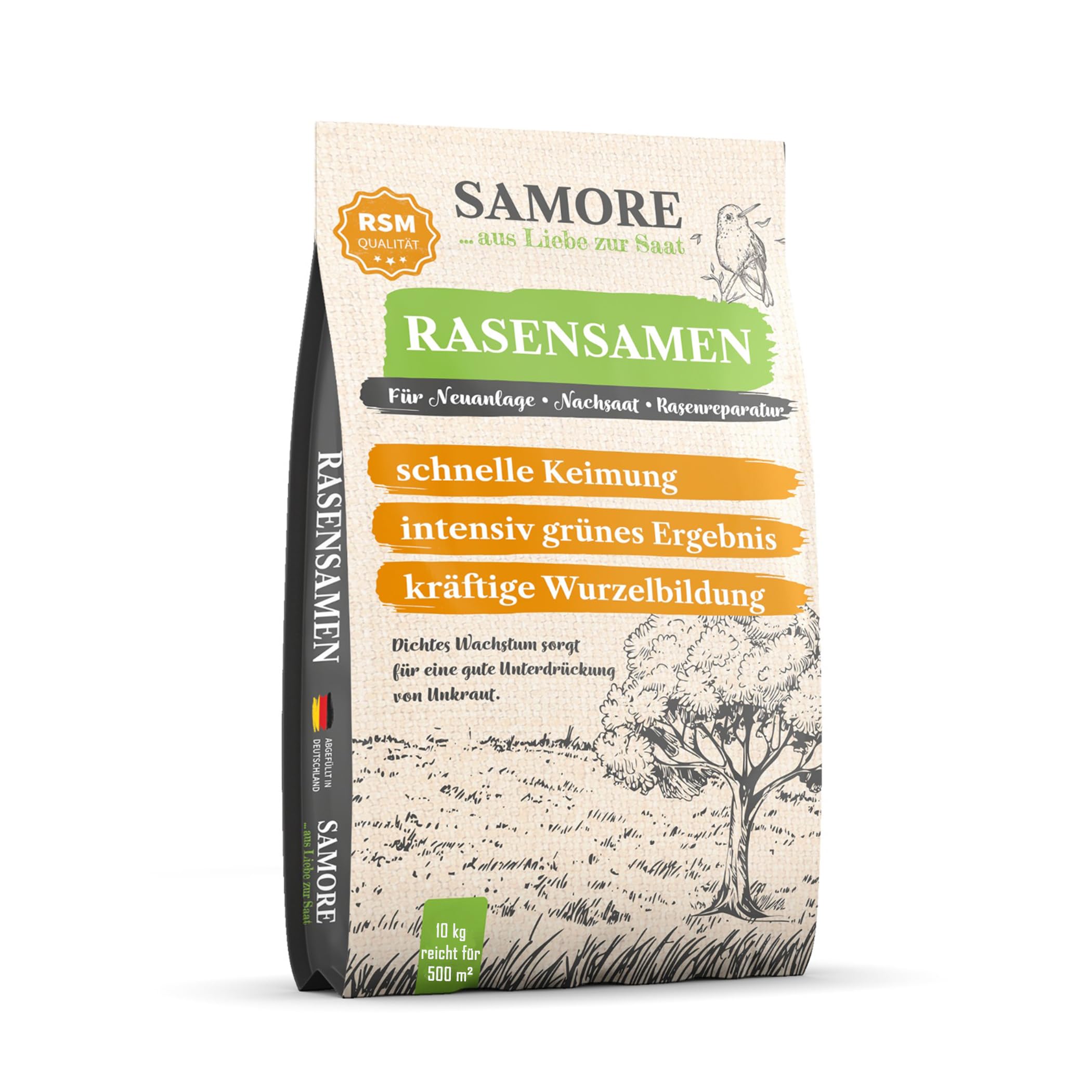 samore- Rasensamen schnellkeimend I Nachsaat Rasen I Extrem hohe Keimrate I Rasensamen trockenresistent zur schnellen Lückenschließung I Rasennachsaat RSM Qualität (10 kg für 500 m²)