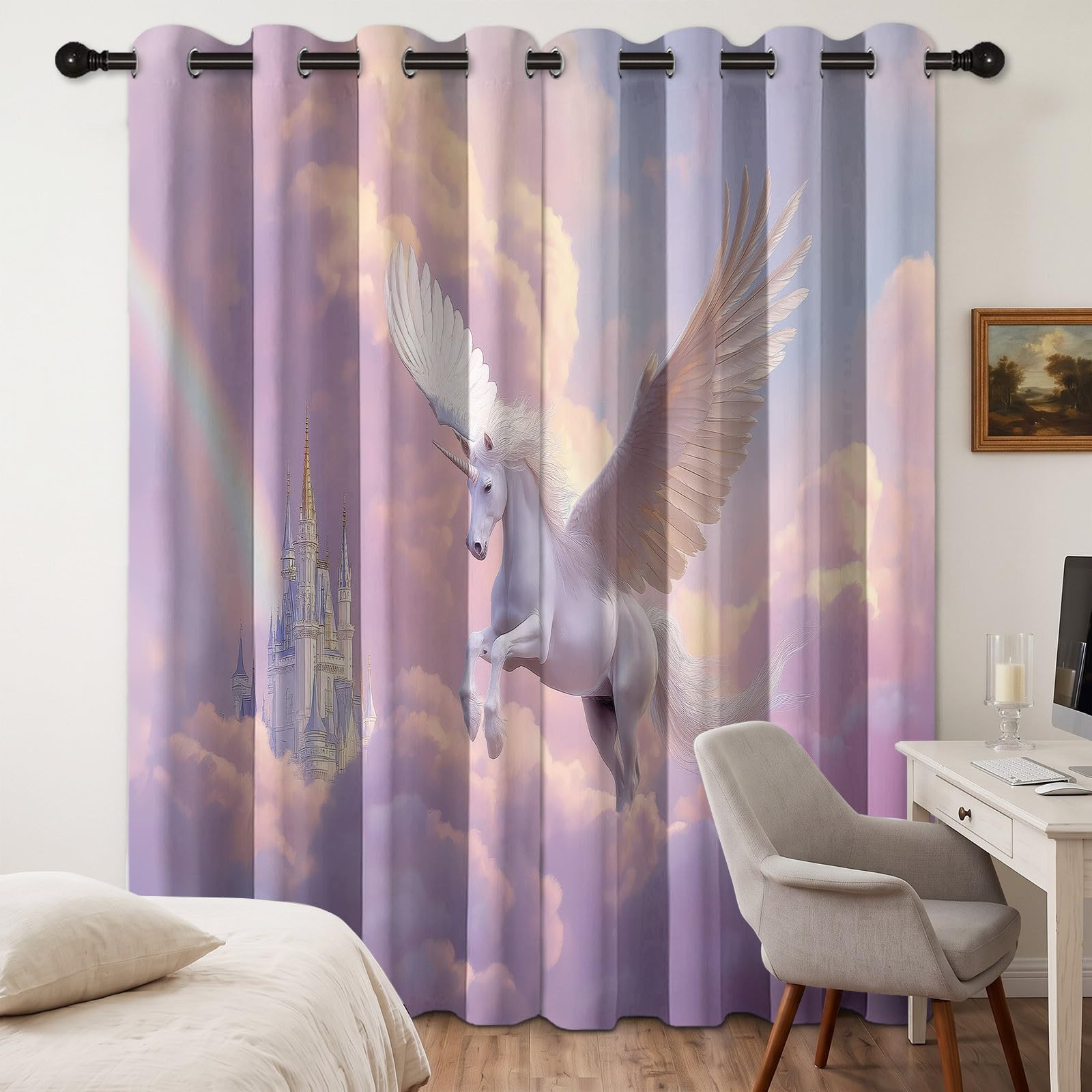 Rose Rideau Occultant à Oeillets, Fantaisie Animaux Licorne Rideaux Isolant Thermique Anti Bruit, Protection de la Vie Privée Décoration Rideau pour Chambre à Coucher 117 x 229 cm, 2 Pièces