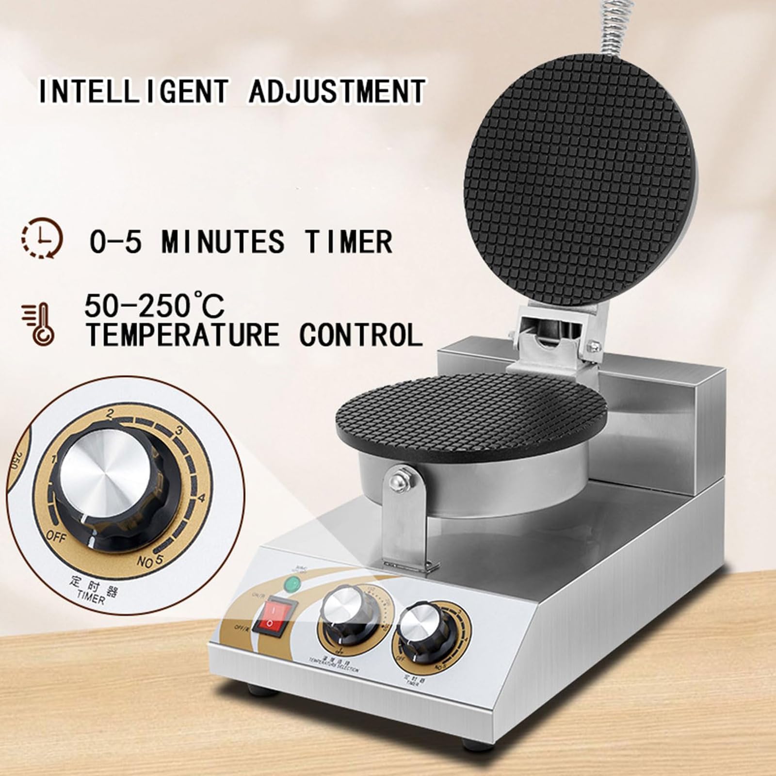Máquina eléctrica para Hacer Conos de gofre, máquina Comercial para Hacer Conos de Helado de 1200 W con Revestimiento Antiadherente, Ajuste de Temperatura de 50 a 250 ℃/temporizado,