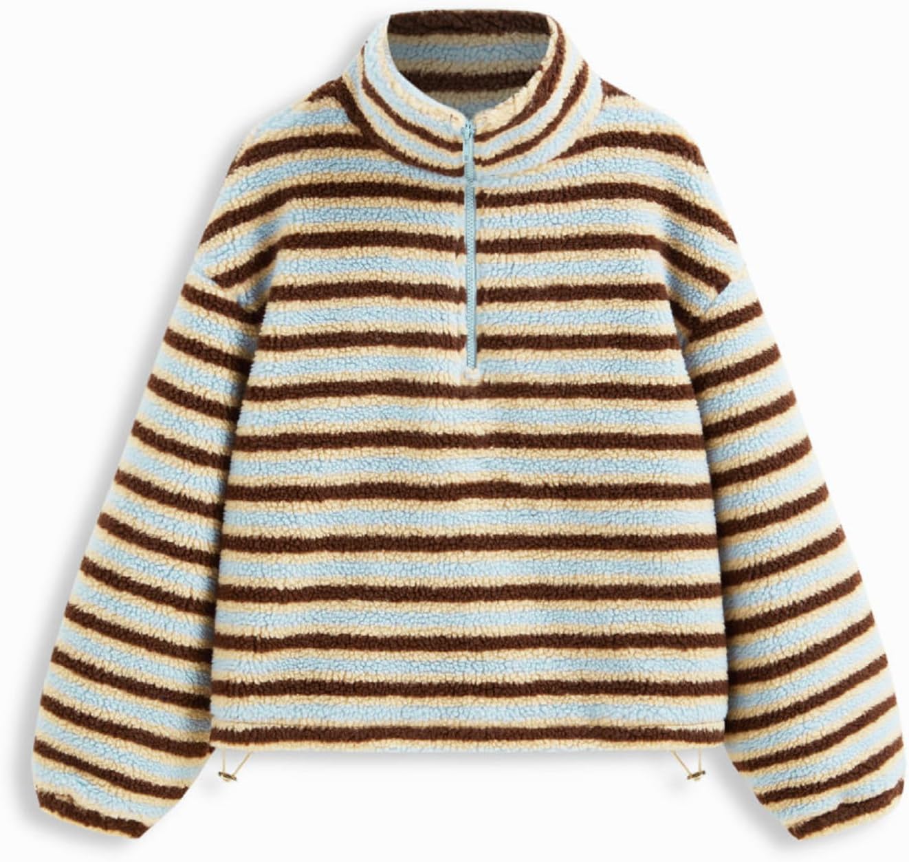 Women's Striped Fleece Pullover Long Sleeve Half Zip Sherpa Jacket Cropped Oversized Sweatshirt Winter Clothes - Image 5