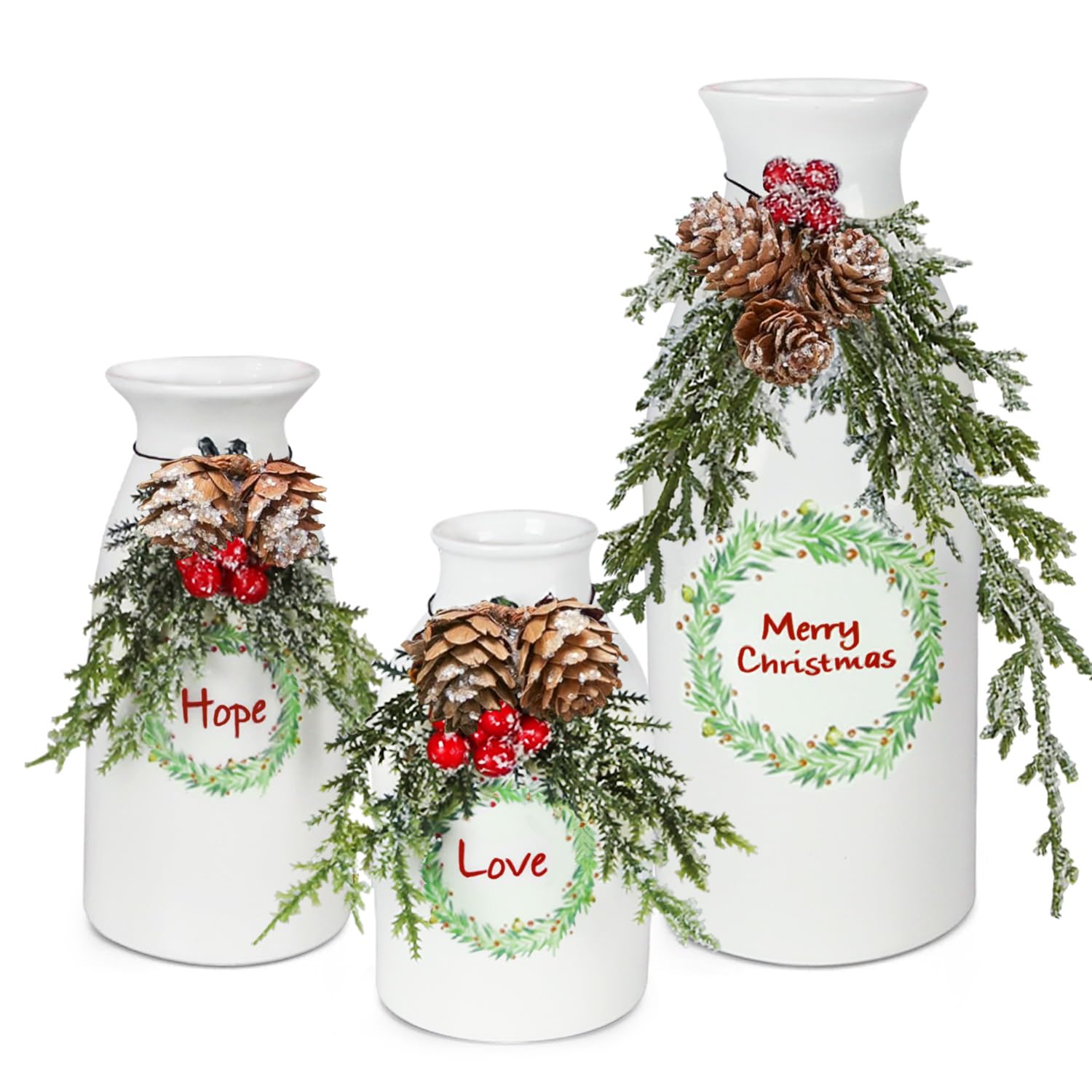 CEMABT Juego de jarrones de cerámica para decoración de interiores del hogar, centro de mesa de Navidad de granja, casas de cerámica blanca y decoración de mesa de Navidad nórdica, colección moderna