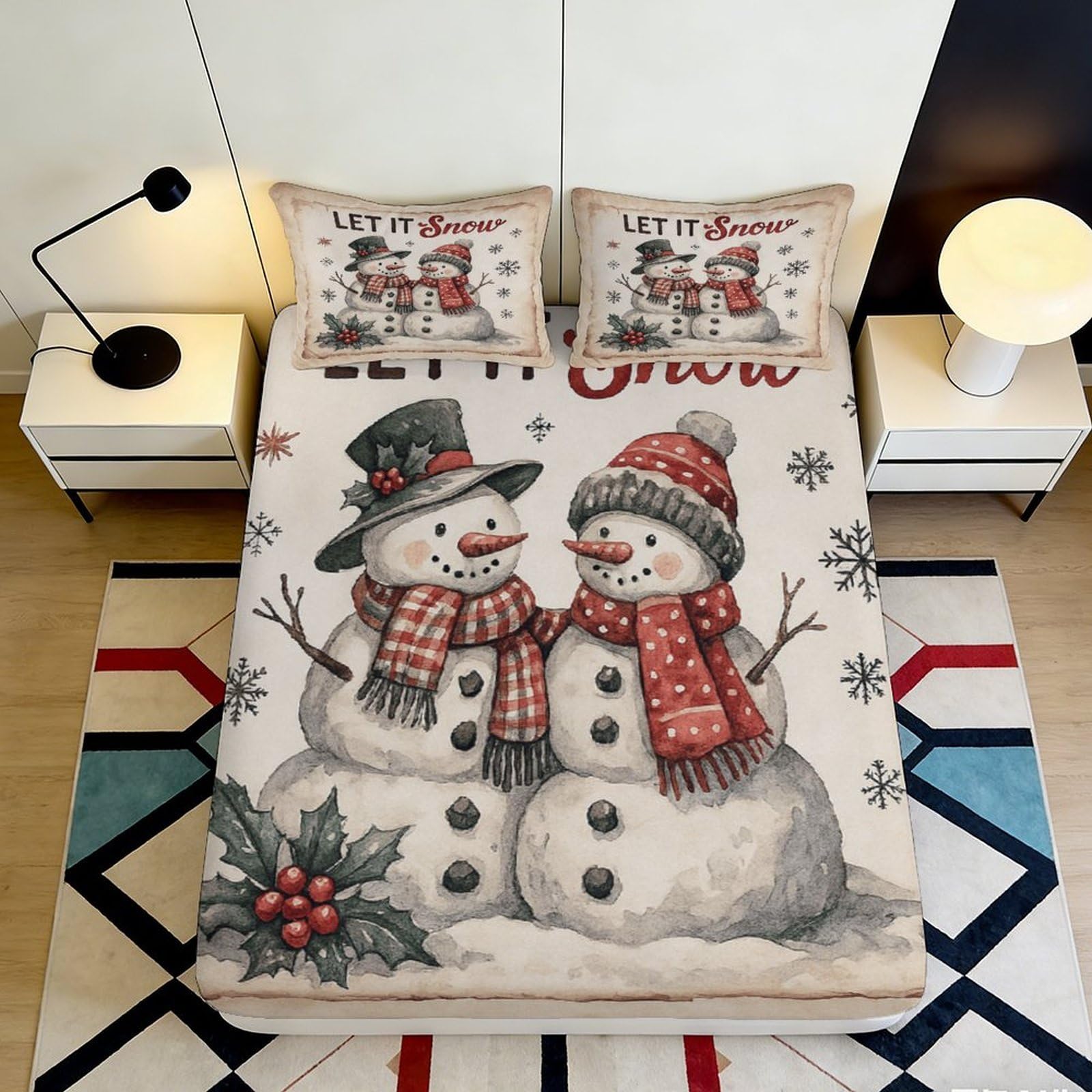 3D Printed Snowman Winter Fitted Sheet Microfiber Anti-Slip Christmas Snowflake Mattress Cover for Bedroom Guest Room 200x200x25cm