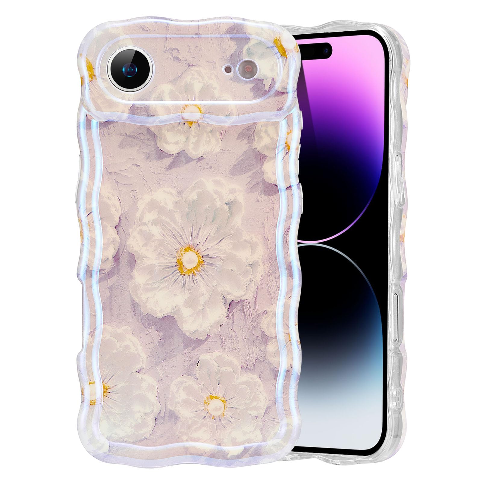 EYZUTAK Case for iPhone 15, Colorful Retro Oil Painting Flower Laser Beam Glossy Pattern Cute Curly Waves Border Exquisite Phone Cover Stylish Durable Soft TPU Protective Case for Girls Women - Green — view 75