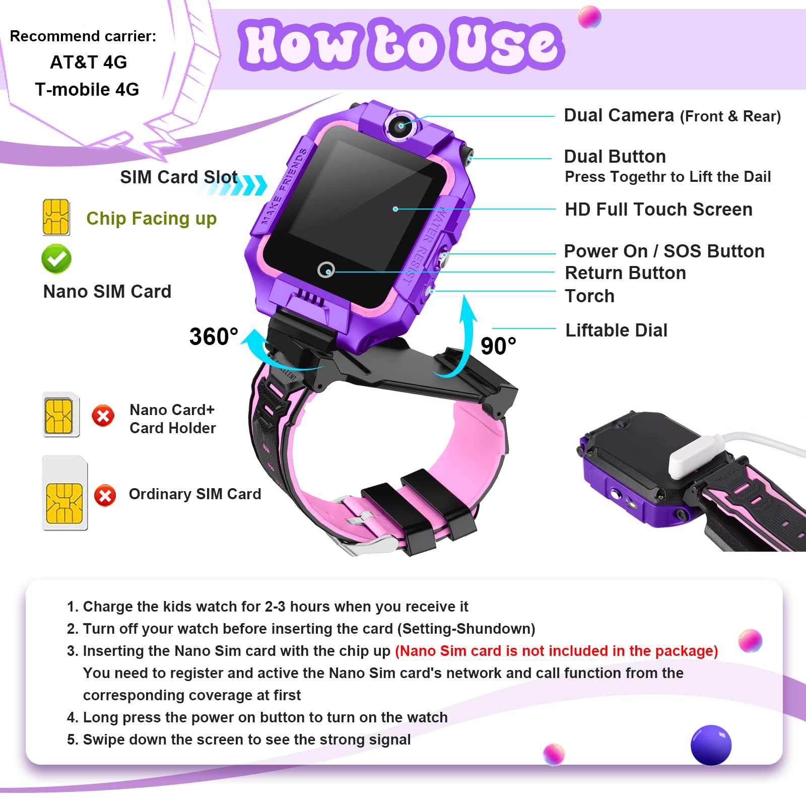 LiveGo Orologio GPS 4G per Bambini con Tracker, Smartwatch per Ragazzi e Ragazze con Videochiamate e Chiamate Telefoniche 360°, Regalo di Natale e Compleanno per Bambini di età 4-12 anni (T10 viola)