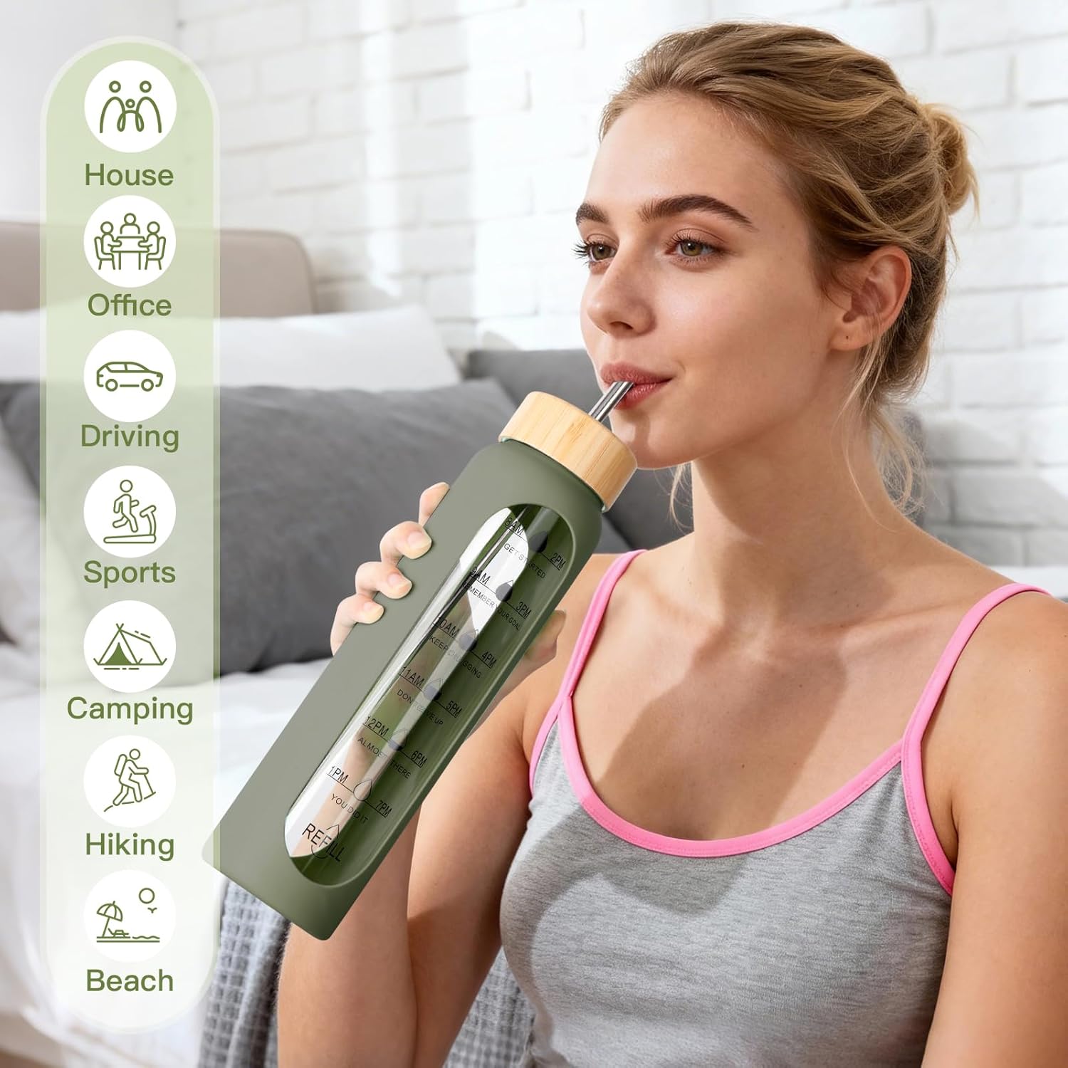 32oz Glass Water Bottle with Time Marker, 2 Lids-Handle Spout Lid & Bamboo Straw Lid, 1 Liter Motivational Borosilicate Water Bottle for Gym, Office, Travel (Green)